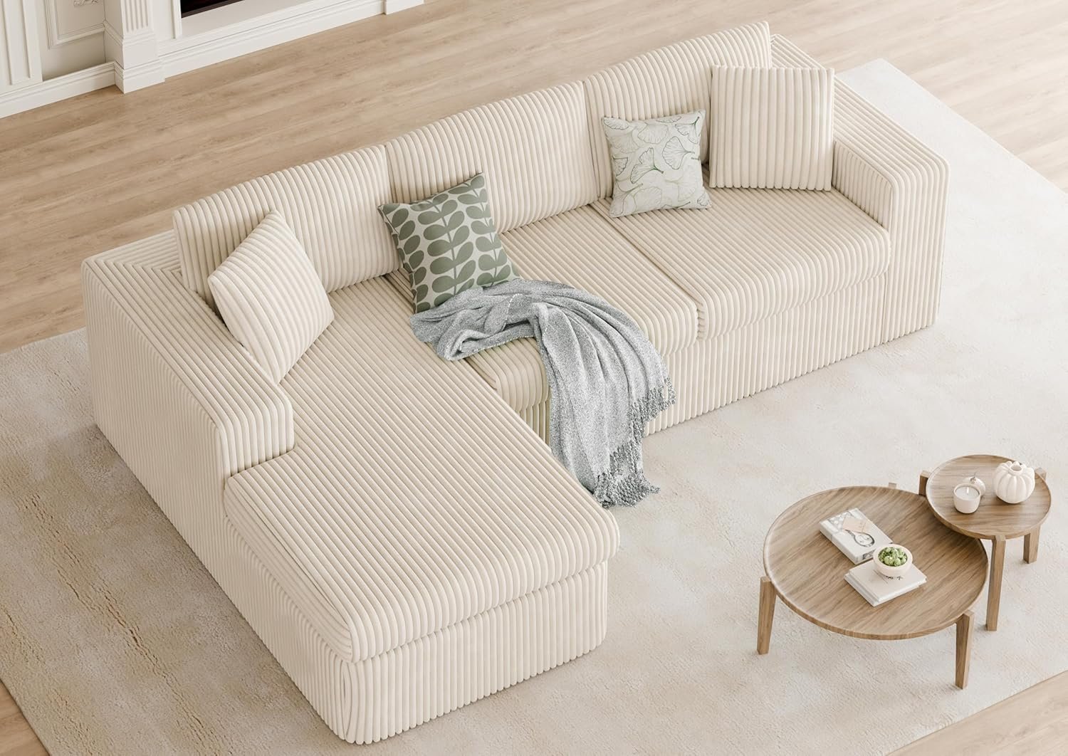 Shintenchi 105" Modular Sectional Sofa, Boneless L Shaped Couch with Deep Seat, Cloud Foam Couch with Oversized Chaise, Plush Cordurory Sofa No Assembly Needed for Living Room, Beige
