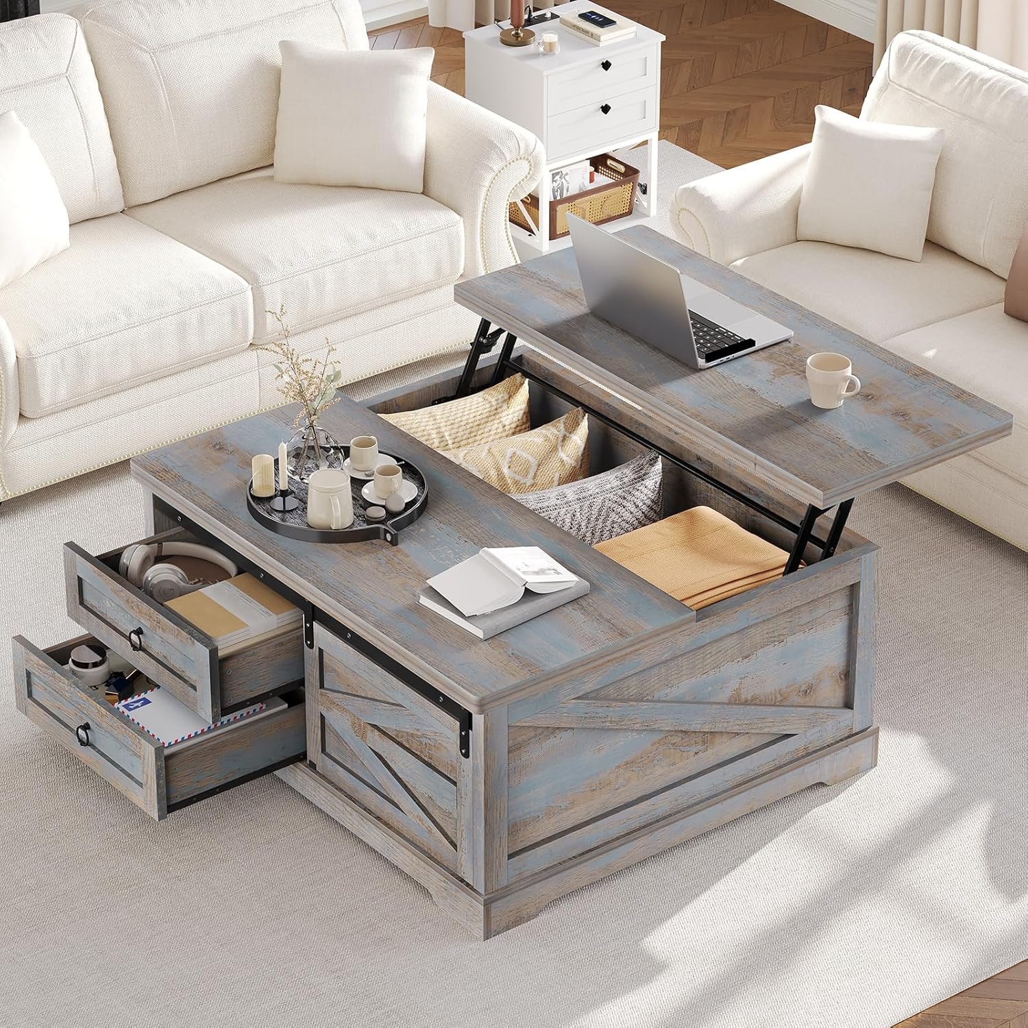 Itaar 39.4'' Lift Top Coffee Table with Storage, Farmhouse Coffee Tables for Living Room, Square Coffee Table with Large Hodden Compartment & 2 Drawrs & Adjustables Shelves (Blue)