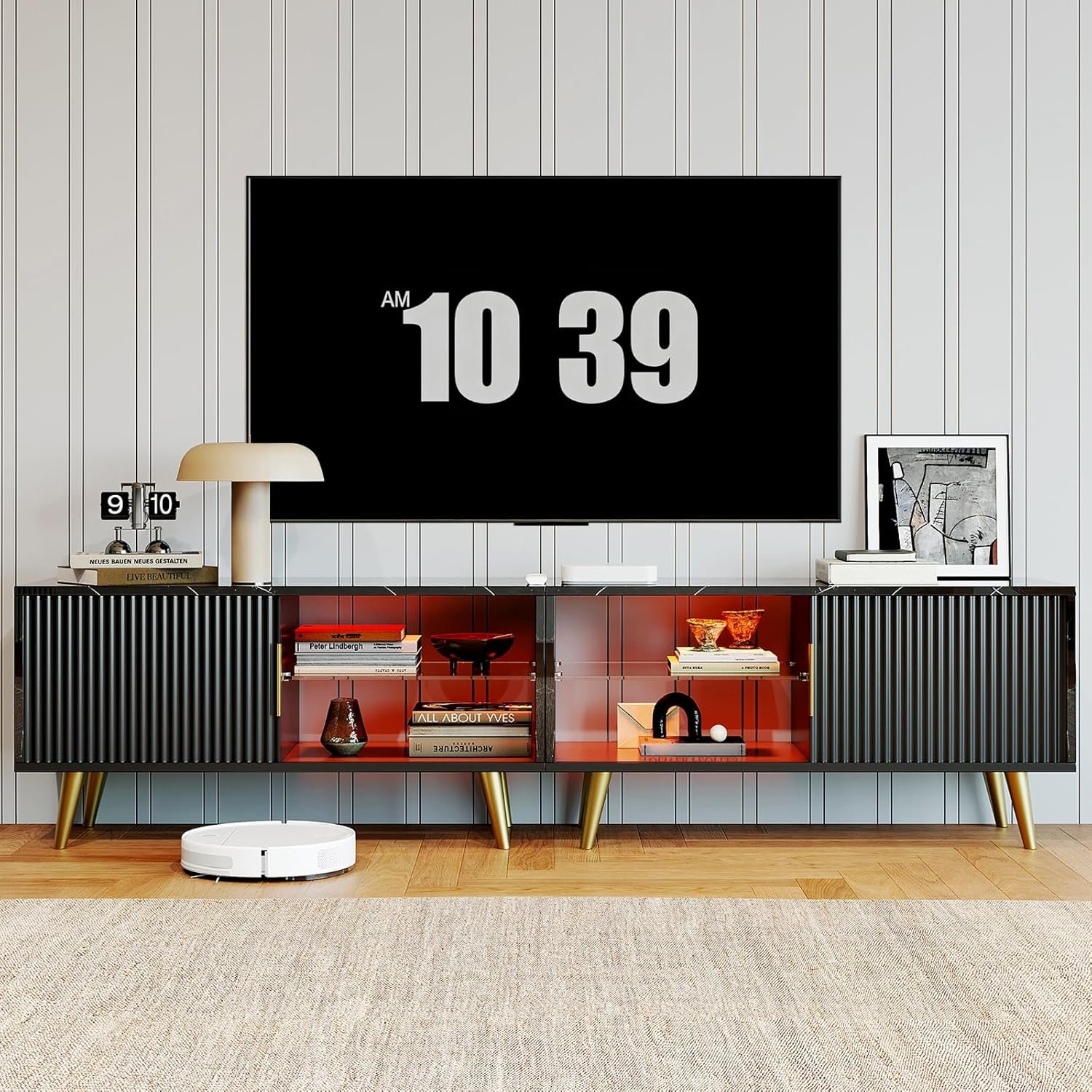 78" Long TV Stand (2-in-1) with LED Light for Up to 85 inch TVs, Entertainment Center with Fluted Sliding Door and Storage Cabinet, Low TV Media Console Table for Living Room, Marble Black