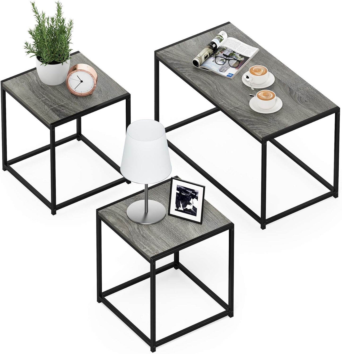 Furinno Camus Modern Living Room Coffee Table with 2 End Tables Set, French Oak Grey