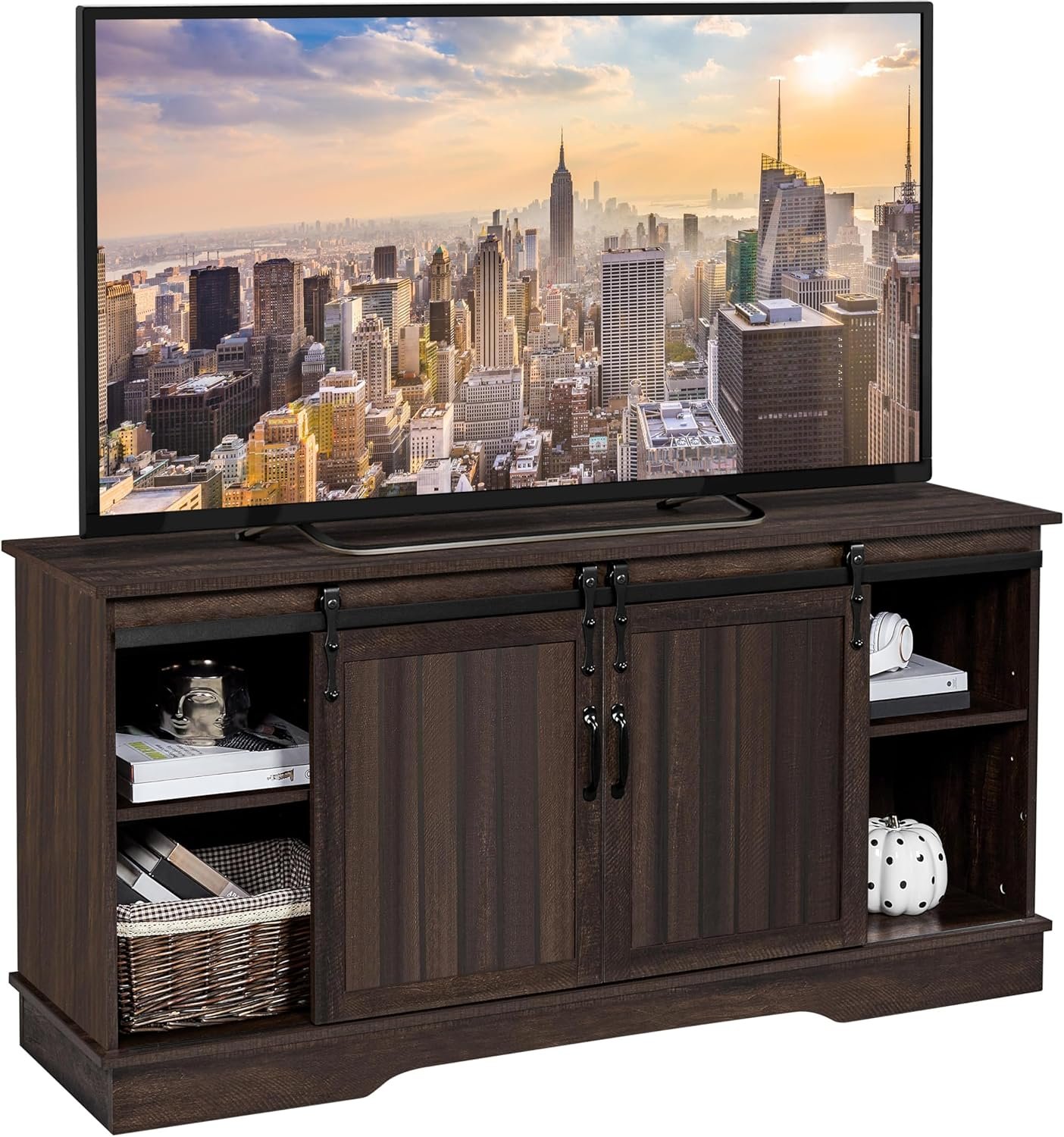 Yaheetech TV Stand for TVs Up to 65 inch, Farmhouse Media Entertainment Center, 58'' TV Console Table with Adjustable Shelves & Sliding Barn Doors for Living Room, Dark Walnut