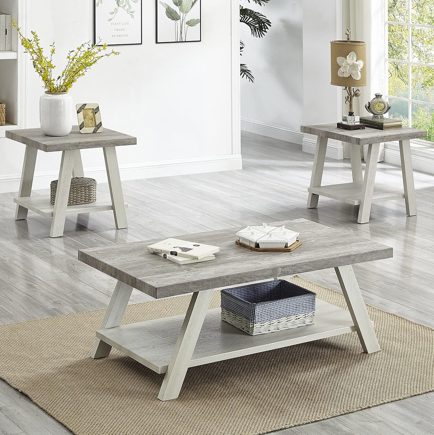 Roundhill Furniture Athens Contemporary 3-Piece Wood Shelf Coffee Table Set, Weathered Gray and Beige