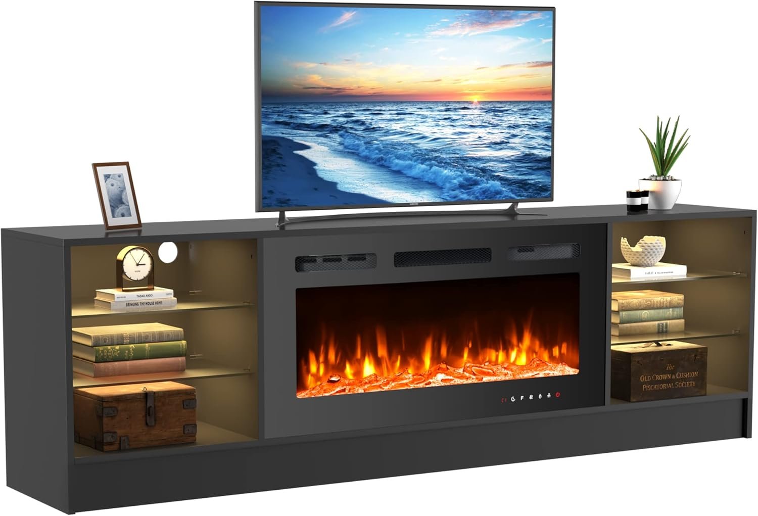 MELLCOM 70" Fireplace TV Stand with 36" Electric Fireplace, Entertainment Center with Adjustable Glass Shelves, TV Console for TVs up to 70", TV Table for Living Room,Bedroom,Office, Black