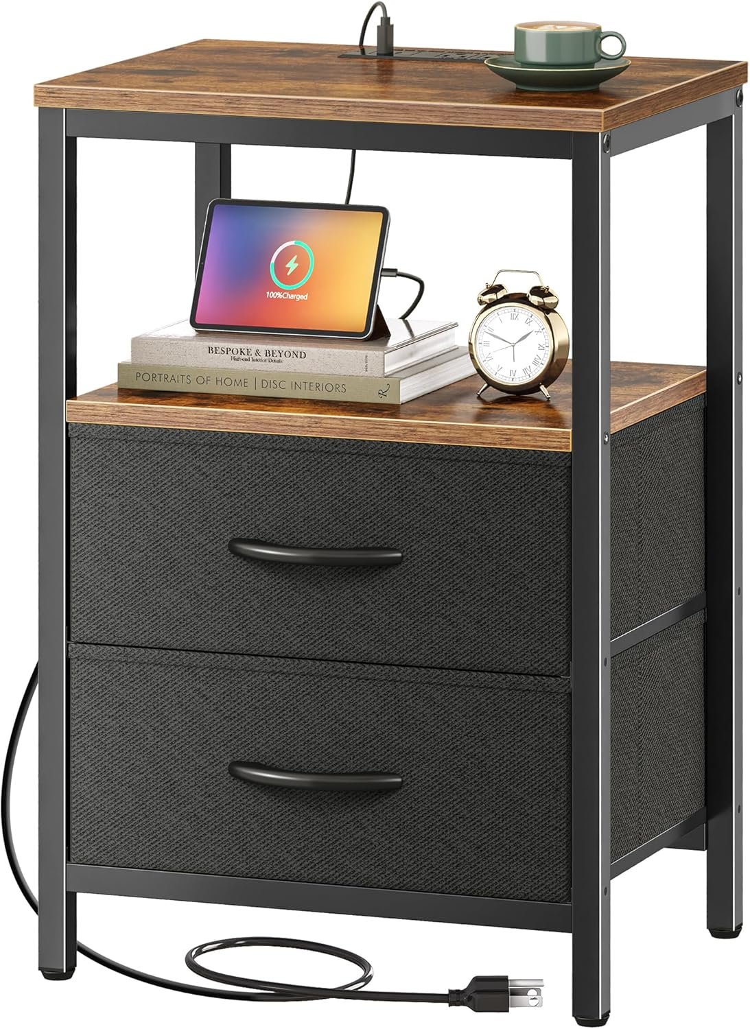 Huuger Nightstand with Charging Station, Side Table with Fabric Drawers, End Table with Open Shelf, Bedside Table with USB Ports and Outlets, Night Stand for Bedroom, Rustic Brown and Black