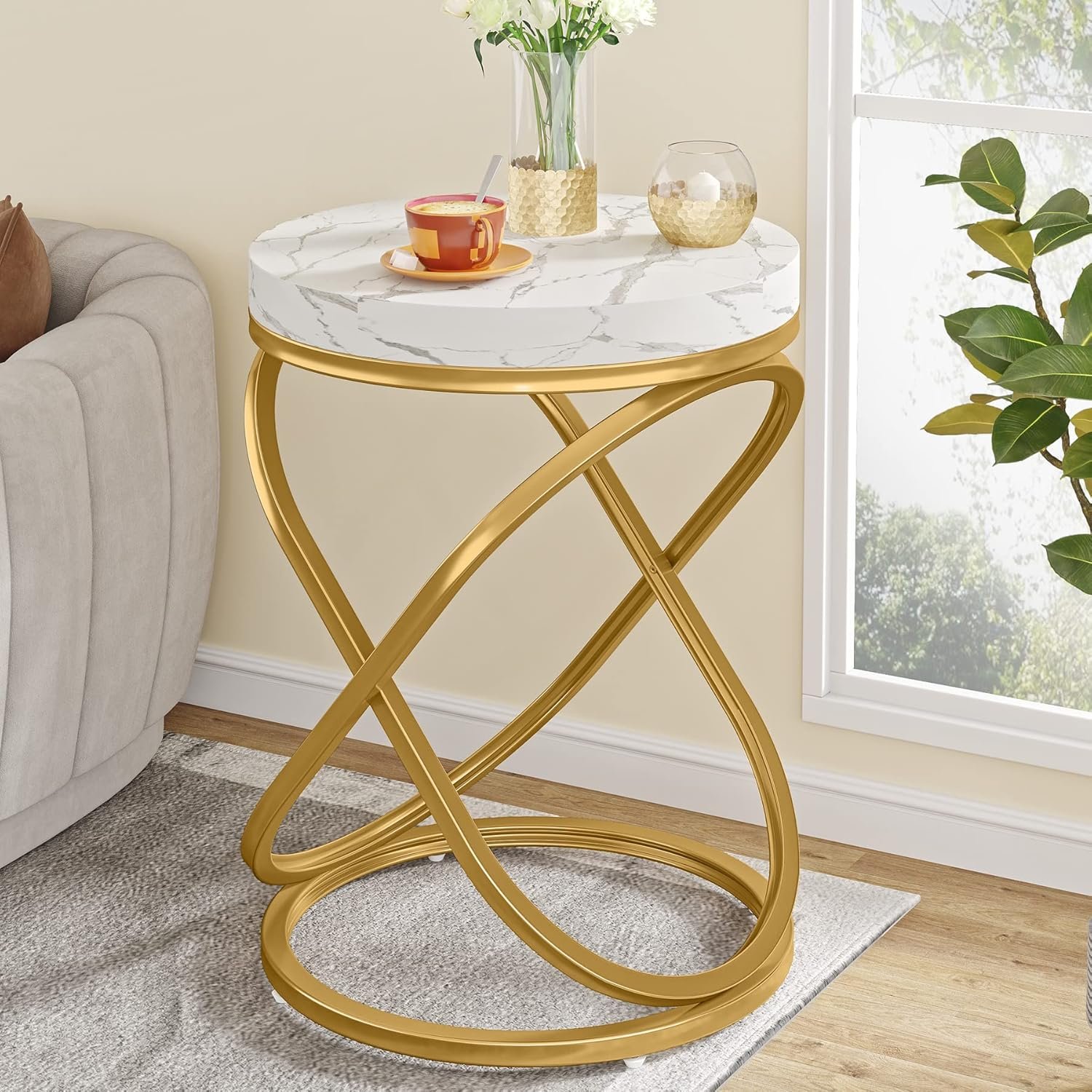 Tribesigns 26 Inches White and Gold Faux Marble Top End Tables Living Room, Round Nightstands Sofa Side Table with Double X-Shaped Ring Unique Design for Bedroom