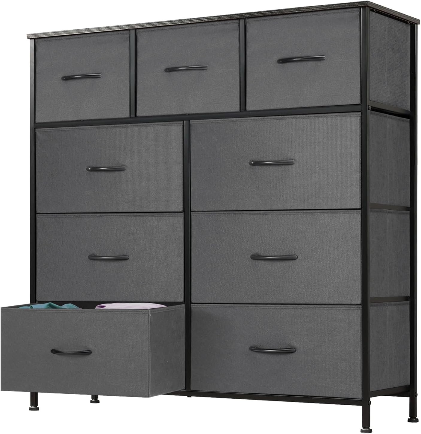 DUMOS Dresser for Bedroom, Dressers & Chests of Drawers Dresser Organizer, Wood Top Table Furniture with 9 Fabric Storage Tower Unit, Chest of Drawers for Closet, Living Room, Hallway, Porch