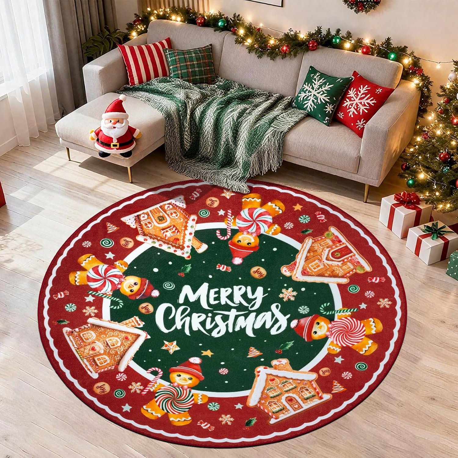 Capslpad Merry Christmas Round Area Rug Non-Slip Low Pile Gingerbread Man Xmas Carpet Farmhouse Washable Rugs Soft Xmas Floor Mat for Living Room Holiday Festive Decor, 4' Round