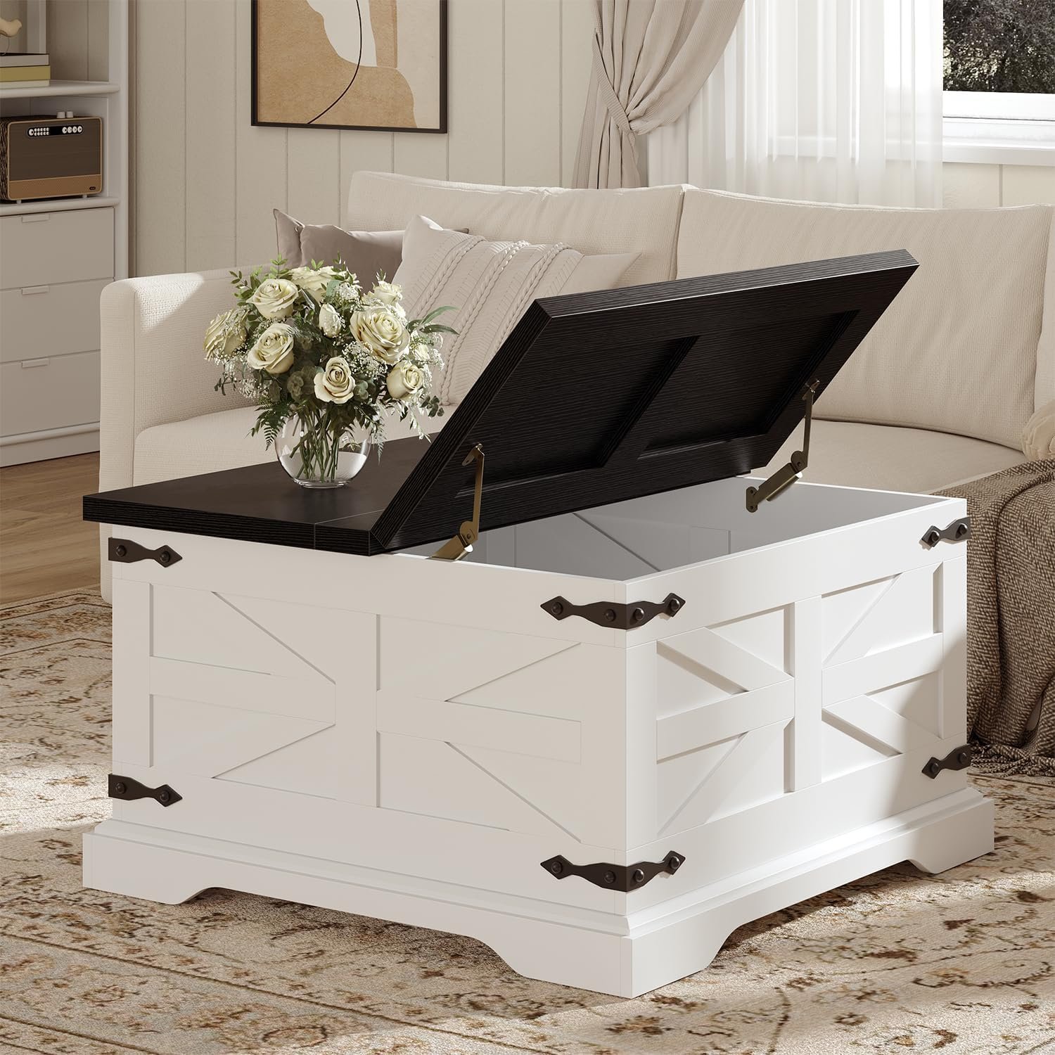 Farmhouse Coffee Table with Storage, Square Center Table for Living Room, Rustic, Hinged Lift Top Soft Close, Wood, Large Hidden Storage, Modern, Metal Corner, White Black