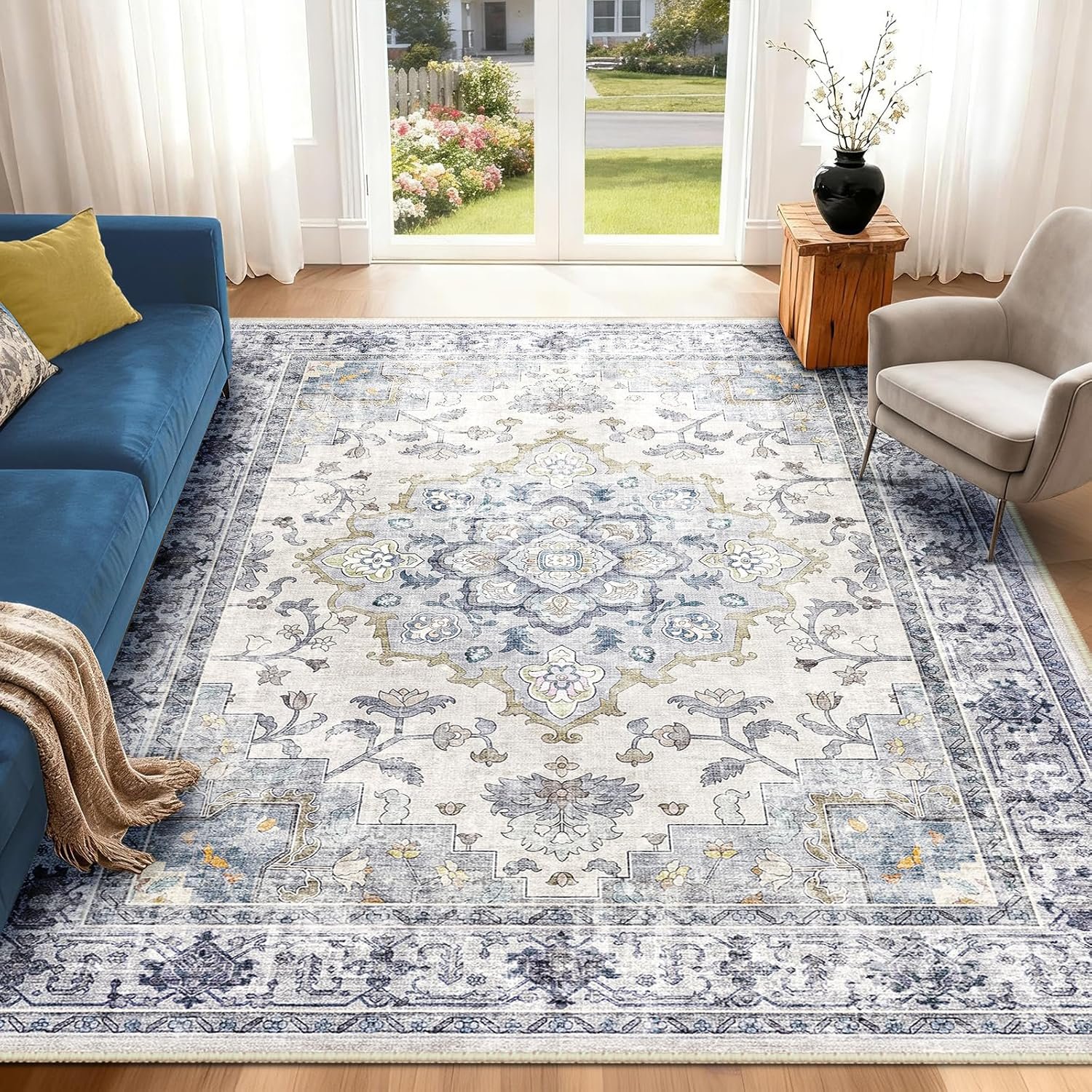 Machine Washable Rugs Nursery Rug 5x7 Cute Girl Non Slip Low Pile Water Repellent Soft Print Pattern for Bedroom Indoor Decor Kids Playroom Bluewhite