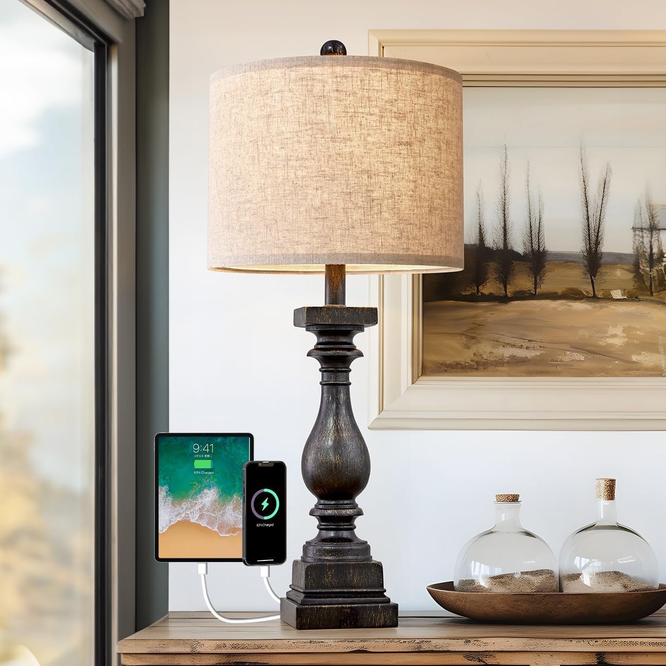 BOBOMOMO Retro 27" USB Charging Ports A/C Farmhouse Single Lamps for Bedrooms Retro Side Table Lamps Bedside Lamp for Side Nightstand Living Room 1 Pack