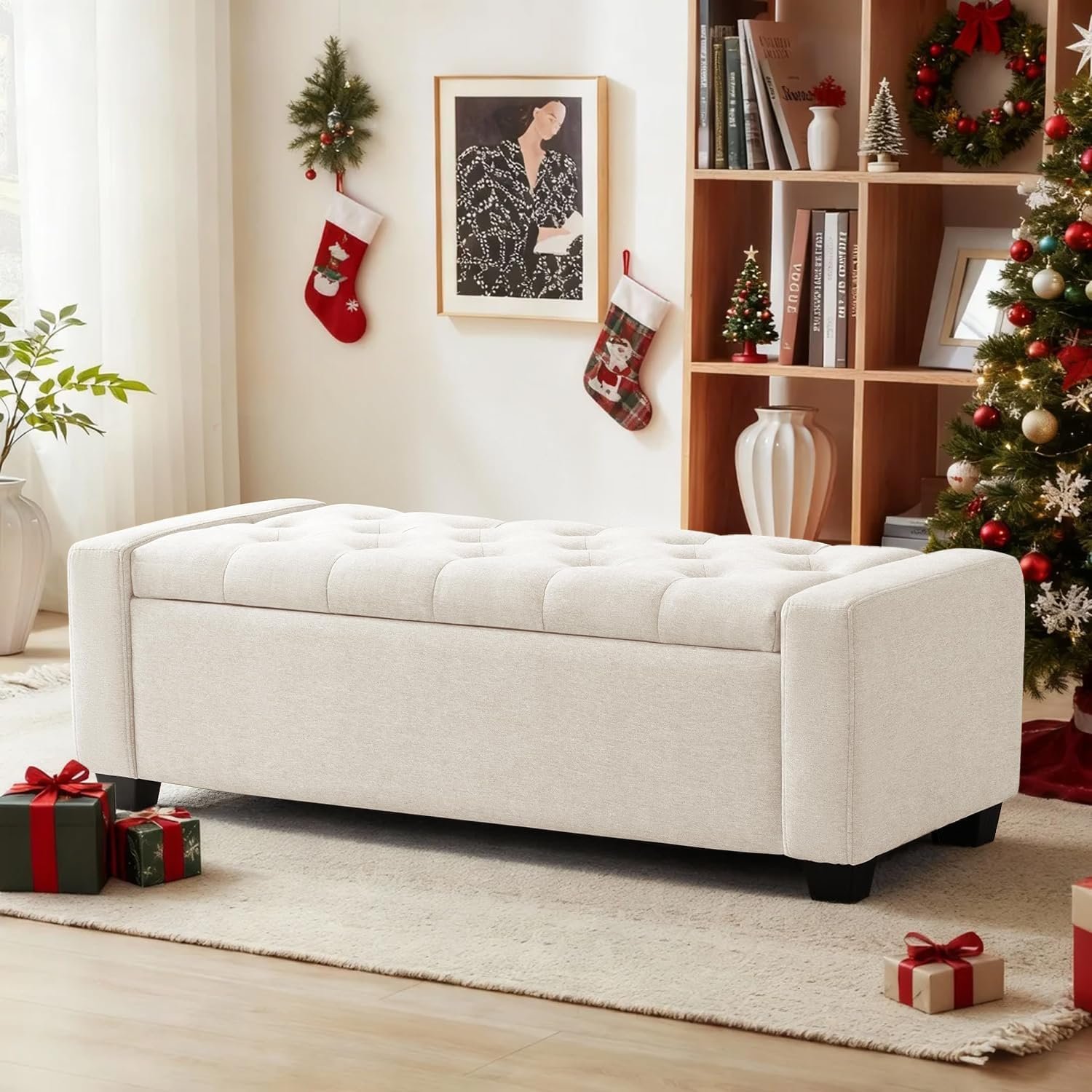 48" Ottoman with Storage, Storage Ottoman Bench with Safety Hinge, Upholstered Entryway Bench with Seating for Bedroom, Living Room, Holds up to 330 lb, Beige