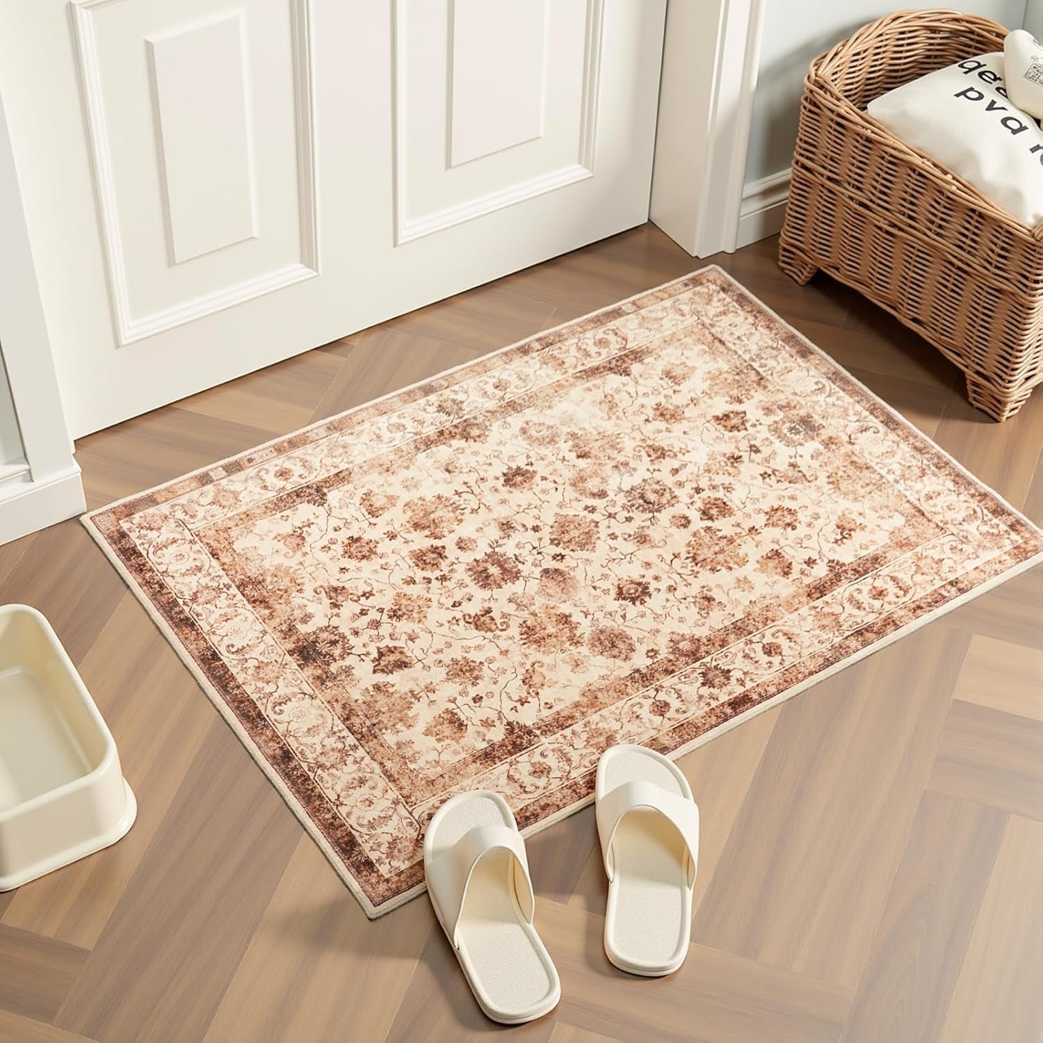 Zentavio Washable Area Rugs 2x3 Door Mat Entryway Vintage Floral Non-Slip Low Pile Entrance Thin Rug Carpet for Kitchen Bathroom Living Room Brown