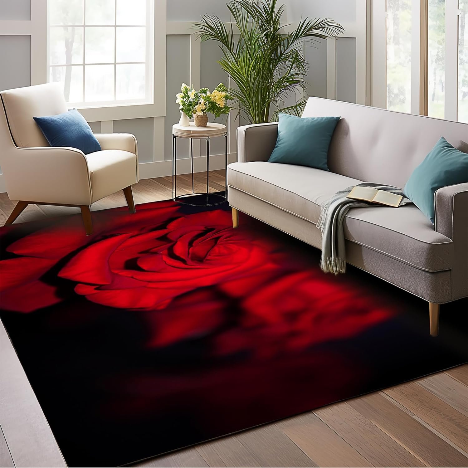Abstract Red Rose Area Rugs,Black Leaves Area Rug 5x7 Washable Living Room Rug,Non-Slip/Non-Shedding Print Floor Carpet for Dining Room,Bedroom