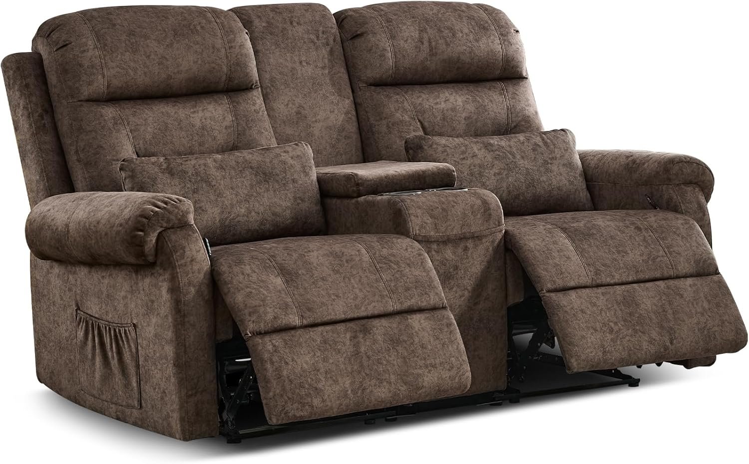 TUNYI 66" Loveseat Recliner Sofa - Double Manual Reclining Loveseat with Console Velvet Home Theater Seating with Cup Holder/Storage/Side Pocket/Pillow for Living Room (Brown)