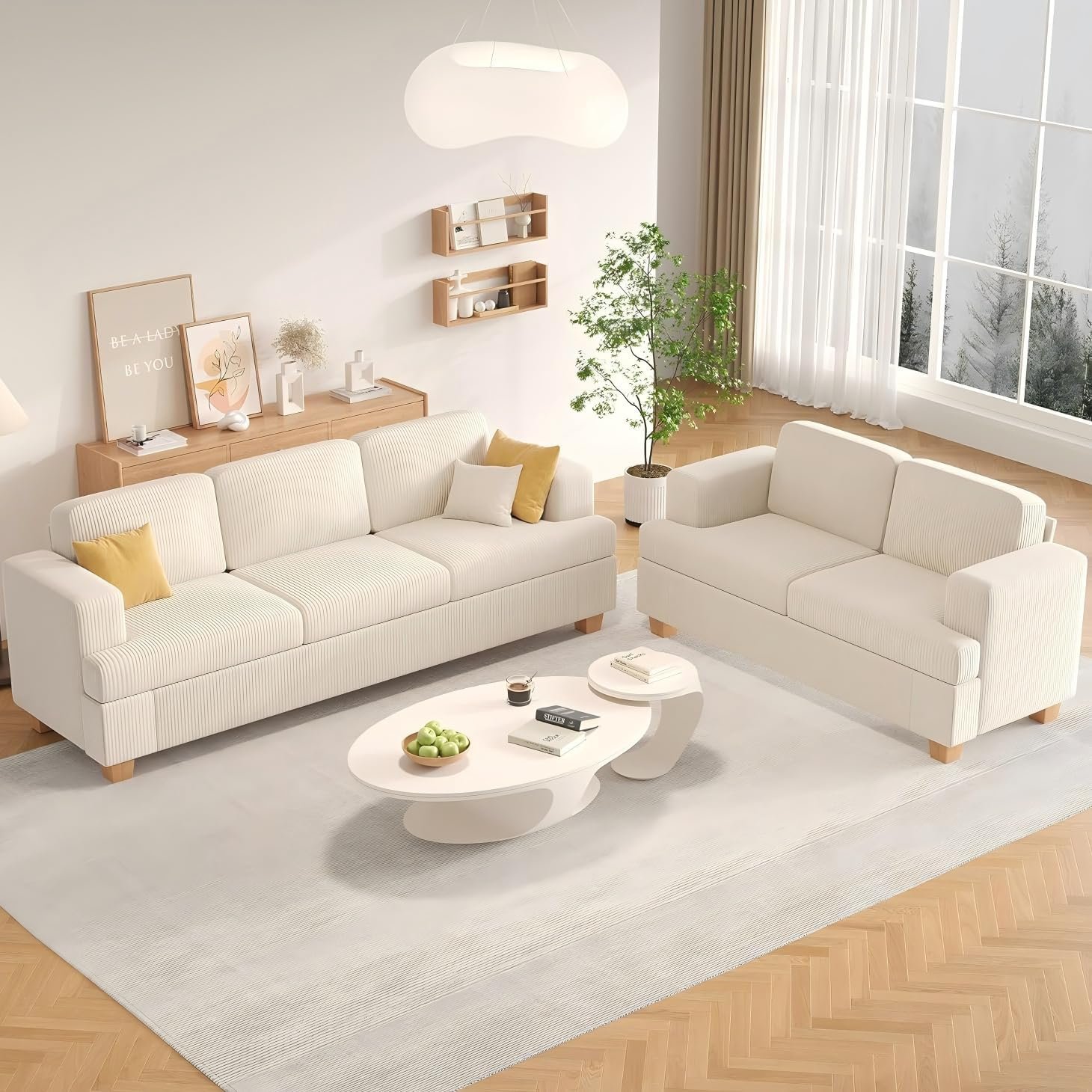 Apicizon 89'' 3-Seat Sofa Couch with Loveseat, 2 Piece Comfy Sofa Sets for Living Room, Modern Lounge Sofa Sleeper Couch for Apartment with Deep Seat, Living Room Set White Corduroy