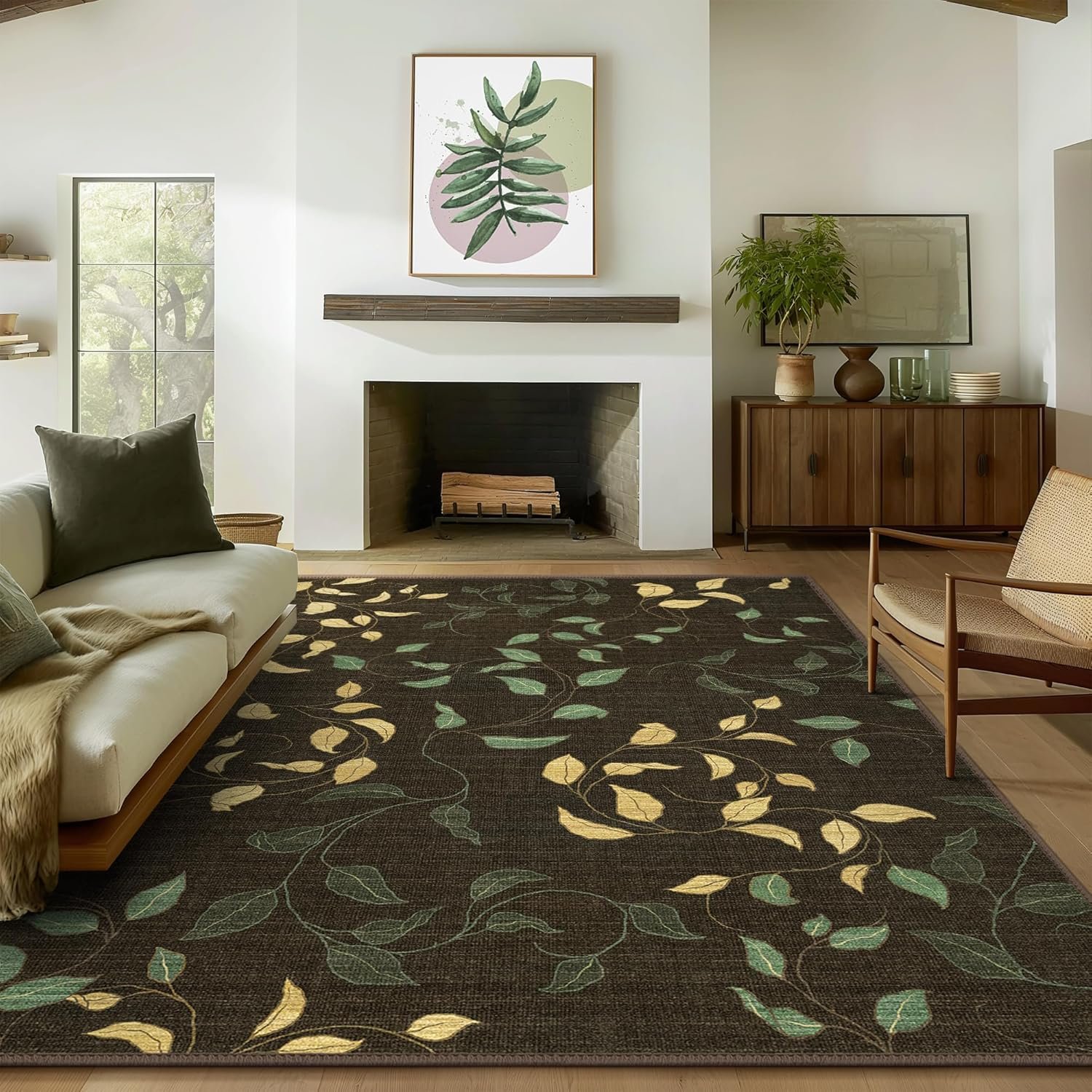 GENIMO Machine Washable 8x10 Area Rugs for Living Room, Non Slip Vintage Rugs, Low Pile Lightweight Chenille Print Rug for Bedroom, Dining Room, Home Office, Dark Leaf Print