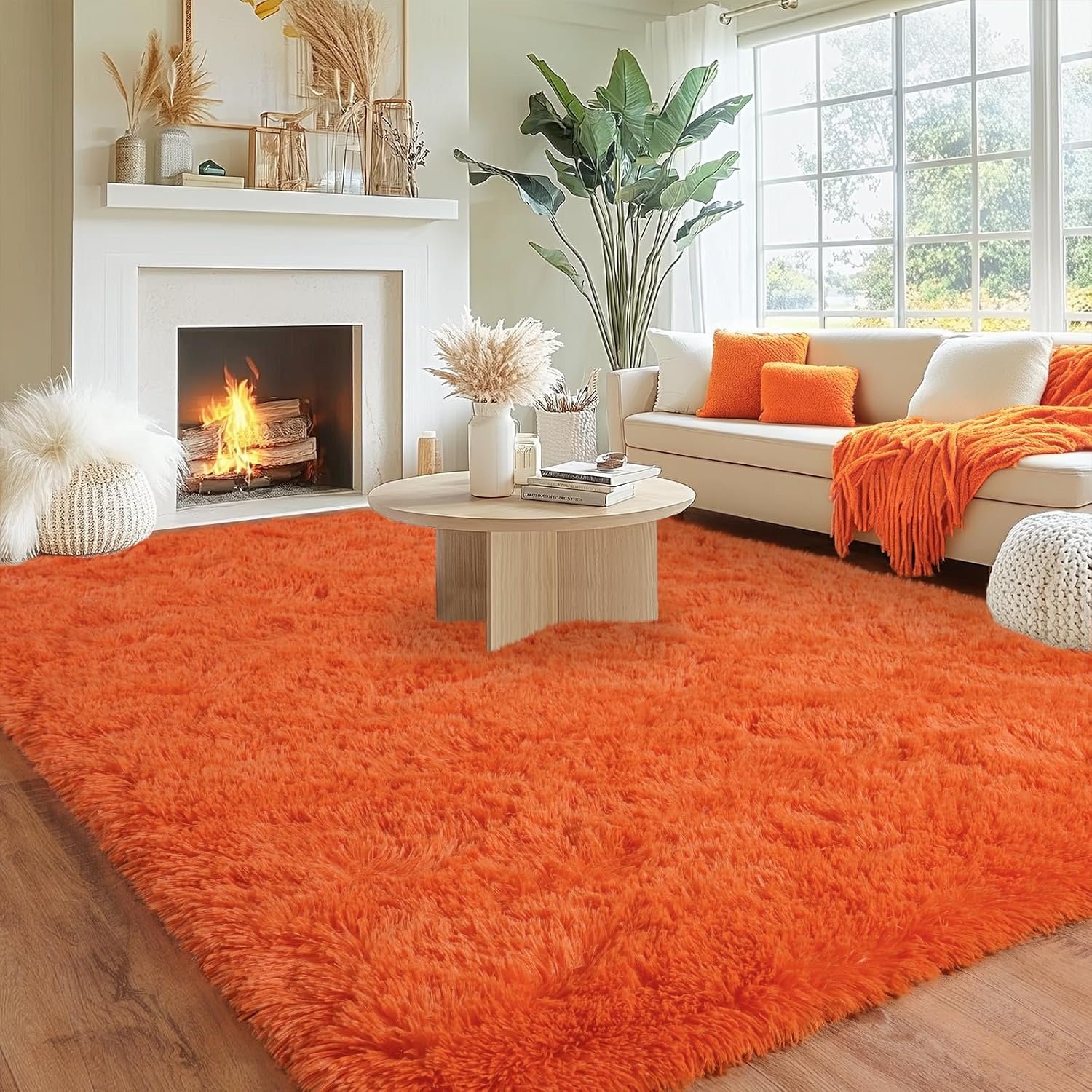 Soft Shaggy Rugs for Bedroom Living Room, 4x5.9 Feet Fluffy Shag Bedside Rug, Cozy Fuzzy Indoor Floor Carpet for Nursery Kids Room Dorms Home Decor Aesthetic, Upgrade Non-Slip, Orange