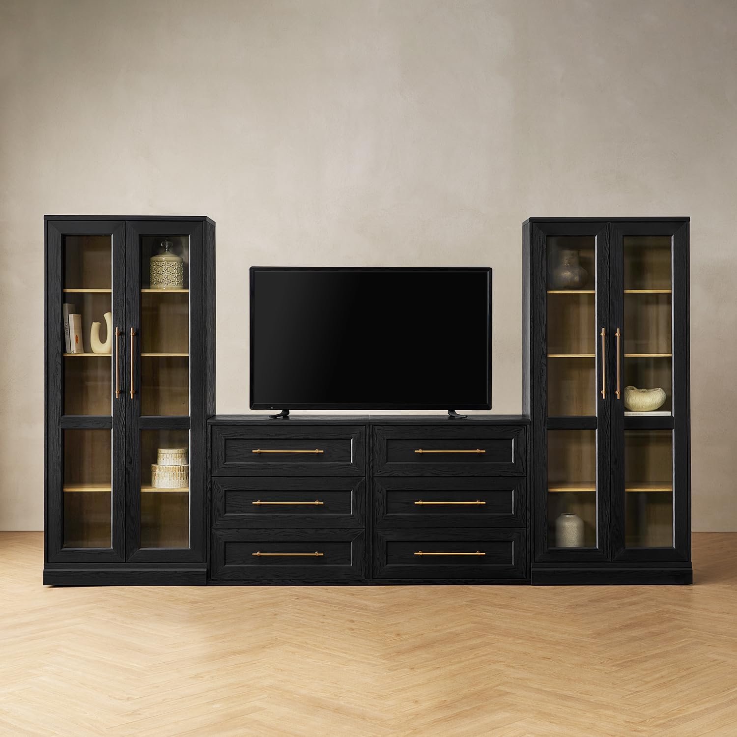 Mopio Blake 4 Piece Entertainment Center with Storage, Modern Farmhouse Wall Unit Dresser TV Stand with Tall Display Cabinets for up to 65" TVs, Trophy Display Case, Media Console Cabinet, Living Room
