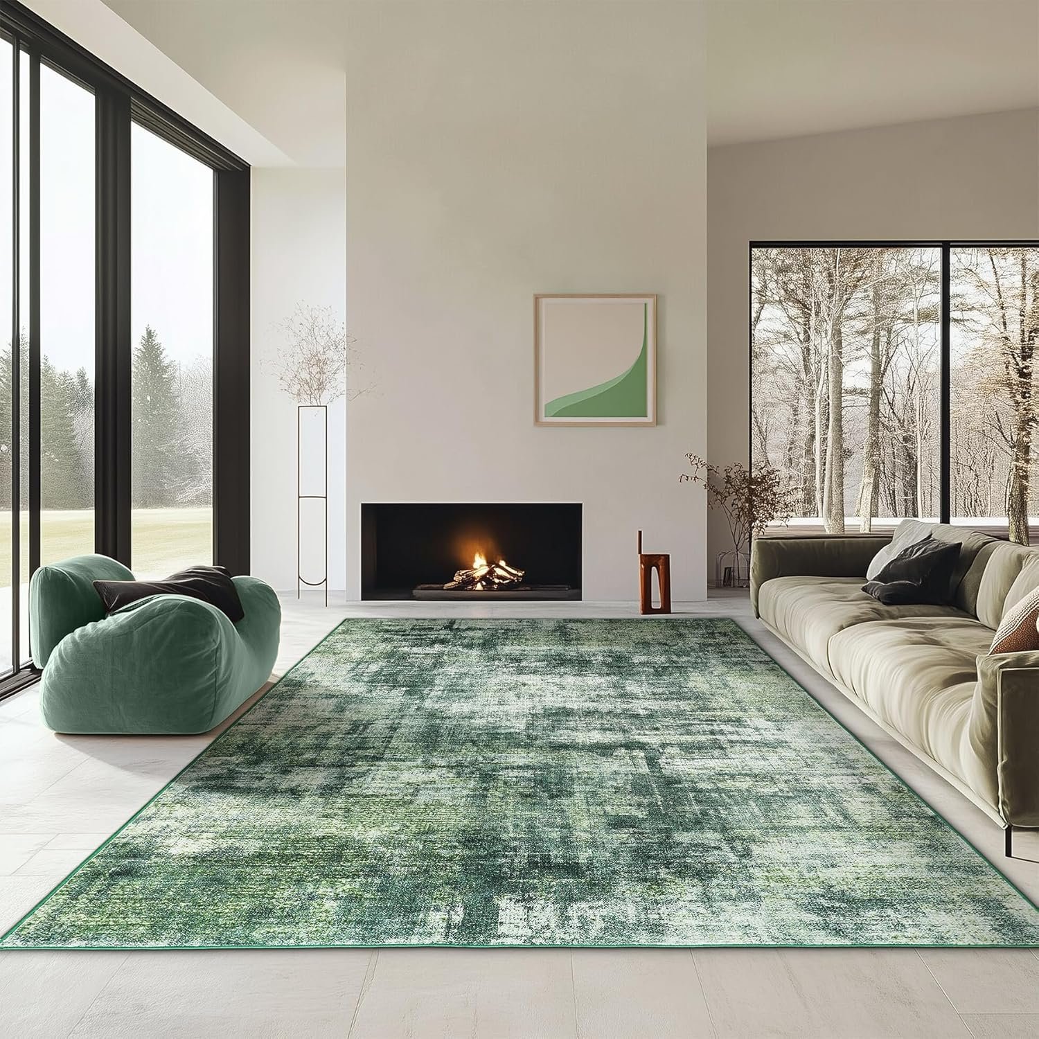 6x9 Modern Abstract Area Rugs Washable Living Room Rug Non-Slip Soft Carpet 0.25" Thin Indoor Floor Non-Shedding Rugs for Bedroom, Dining Room, Farmhouse, Nursery Home, Office, Green