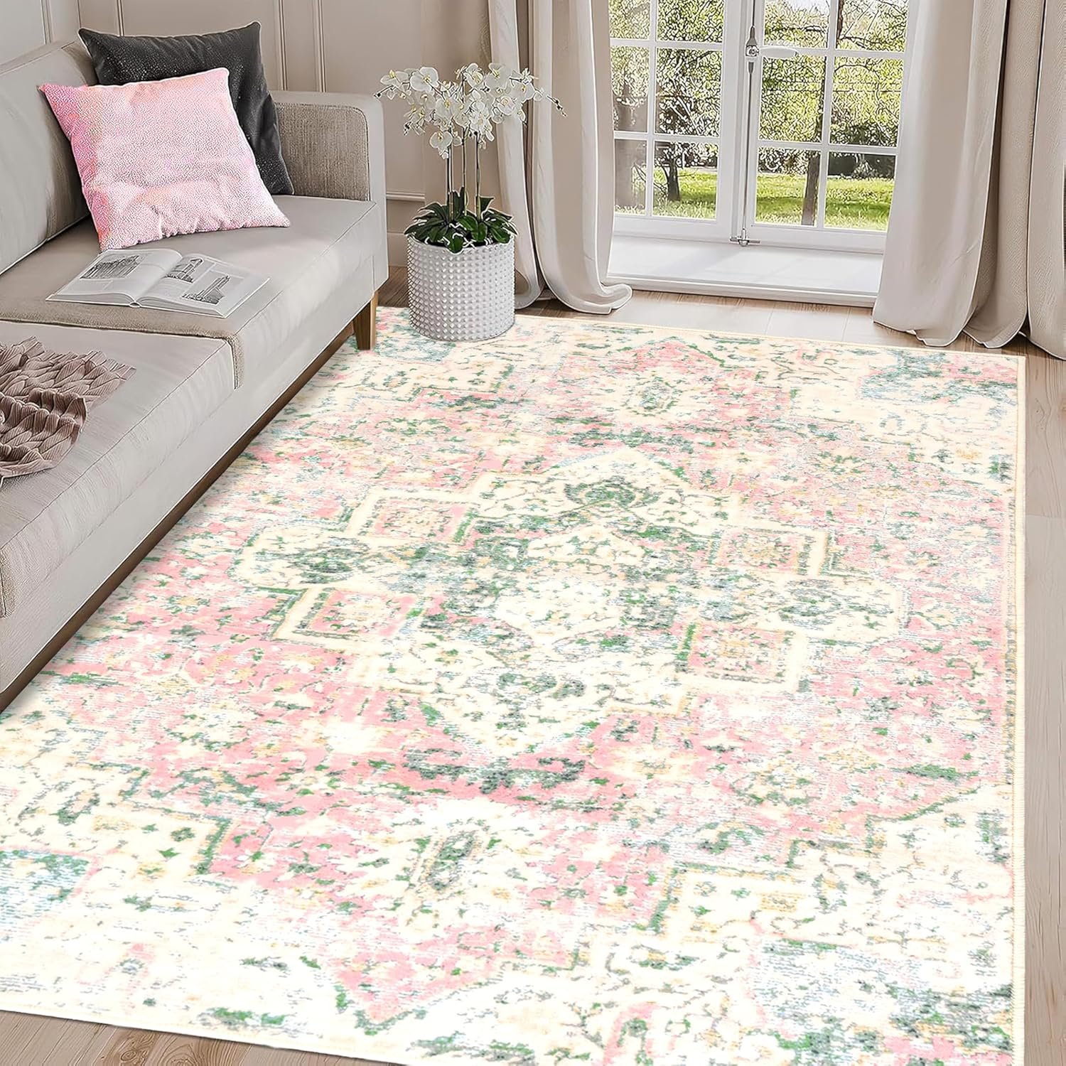 DELISEPT 8x10 Large Washable Living Room Rug Pink and Green Vintage Area Rugs Non-Slip Non-Shedding Print Kitchen Floor Carpet Oriental Accent Throw Rug for Bedroom Girls Dinning Room Farmhouse