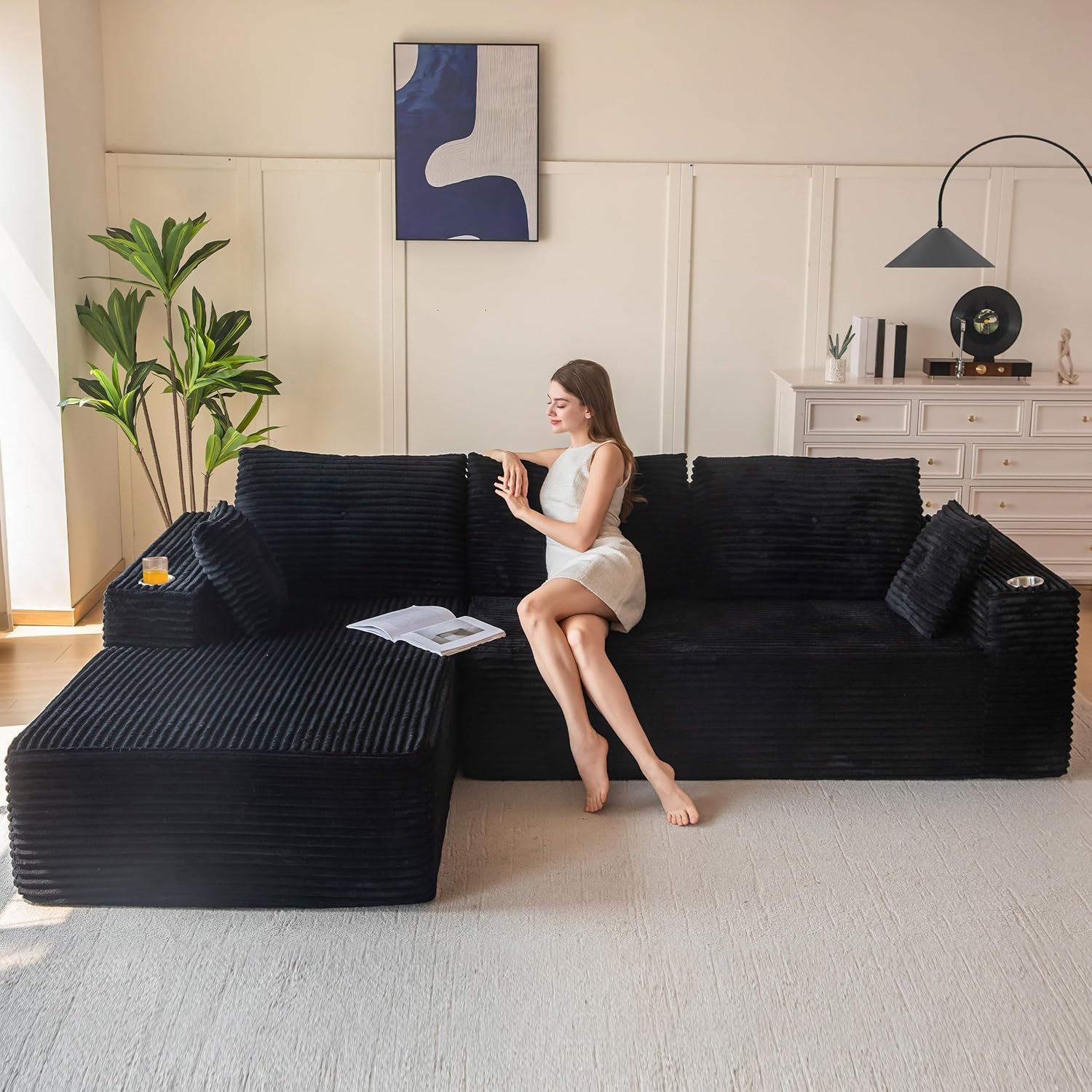 MAXYOYO 104" Modular Sectional Couch with L-Shape Chaise, Modern Boneless Couch for Living Room, Sofa in A Box, Oversized Sofa Sleeper with Deep Seat, No Assembly Required, Black
