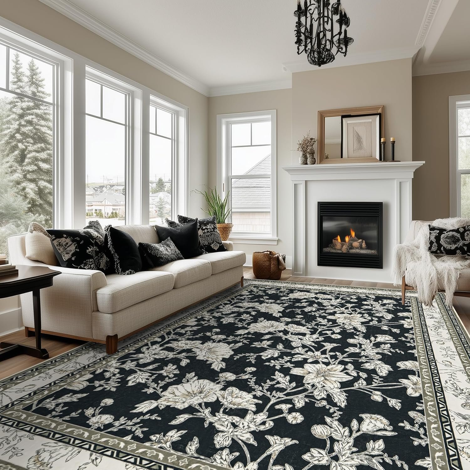 Black Floral 8x10 Area Rugs for Living Room, Cream Beige Taupe Sketch Pattern Bedroom Rug Boho Low Pile Dining Room Washable Carpet 8x10, Vintage Soft Indoor Non-Slip Floor Covering Nursery Playroom