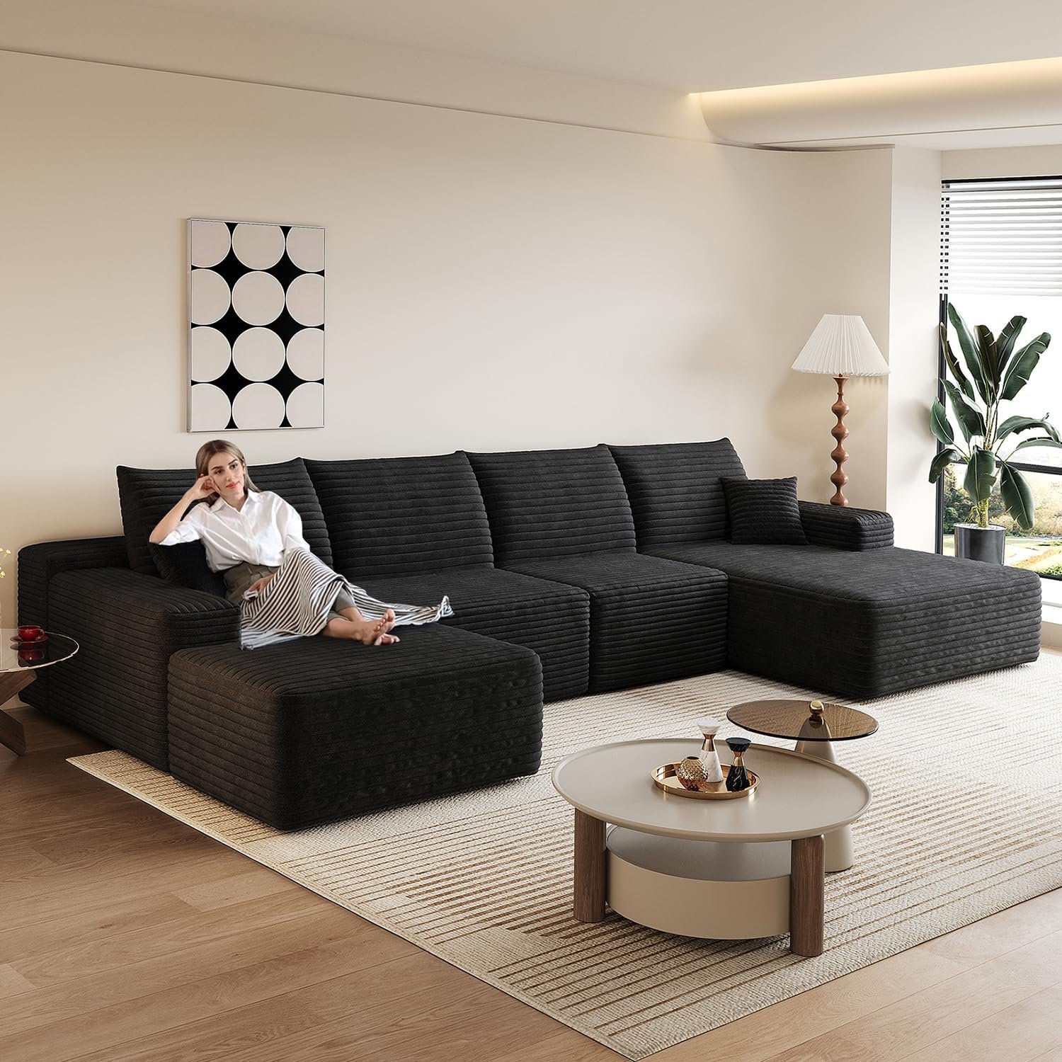 135.4" Comfy U-Shaped Sectional Modern Boneless Corduroy Couch with Chaise ‌and Ottoman‌ - No Assembly Required! Deep-Seat, Upholstered Modular Cloud Sofa for Living Room, Plush Corduroy Fabric