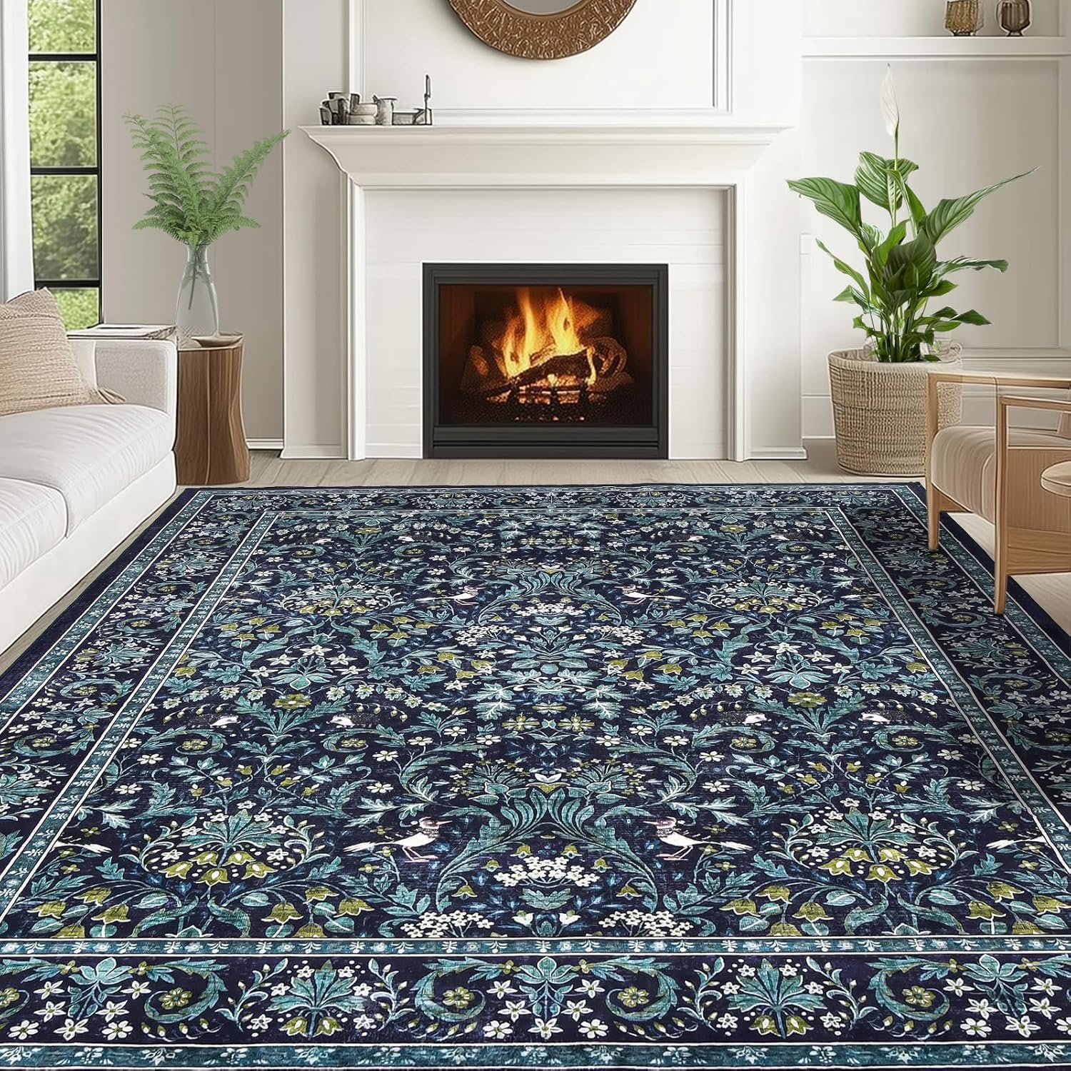 Dintszyayue Washable Rugs 8x10 Washable Boho Floral Non Slip Living Room Large Rugs for Bedroom Farmhouse Floor Cove Blue
