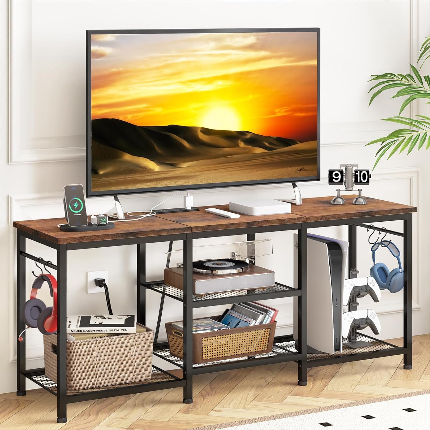 YGEOMER Entertainment Center for 55 50 45 43 40 32 Inch TVs, TV Stand with Power Outlet and Open Storage Shelves, TV Media Console Table for Living Room and Bedroom, Rustic Brown