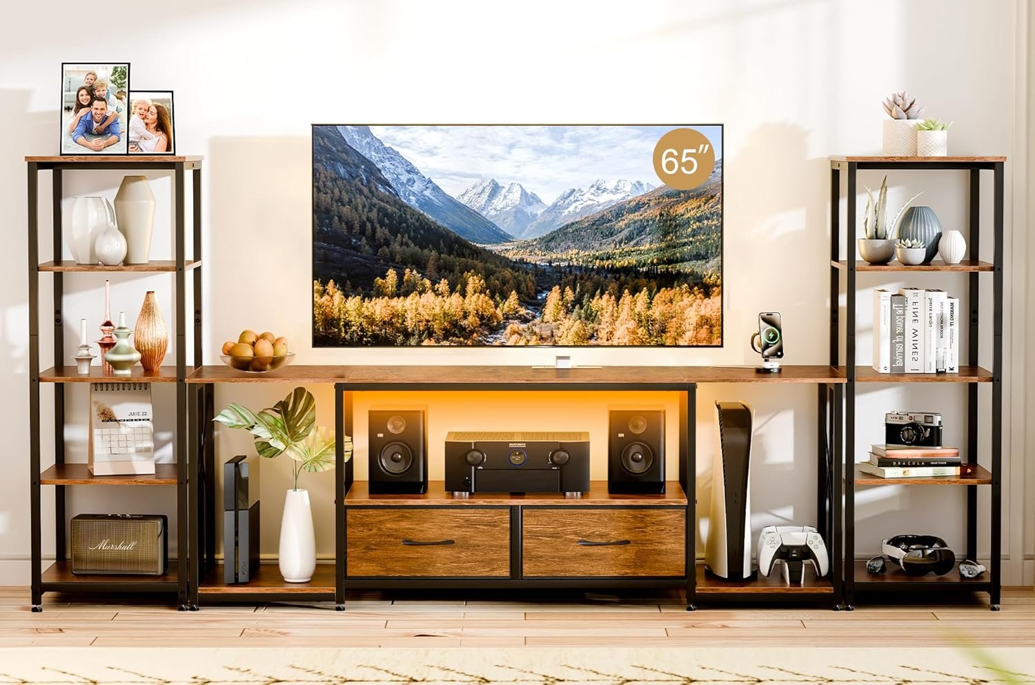 LovaraS TV Stand for TVs up to 65 Inch Entertainment Center with 2 Bookshelves Rustic Farmhouse Modern TV Console with 2 Fabric Drawers, LED Lights & Power Outlets for Living Room