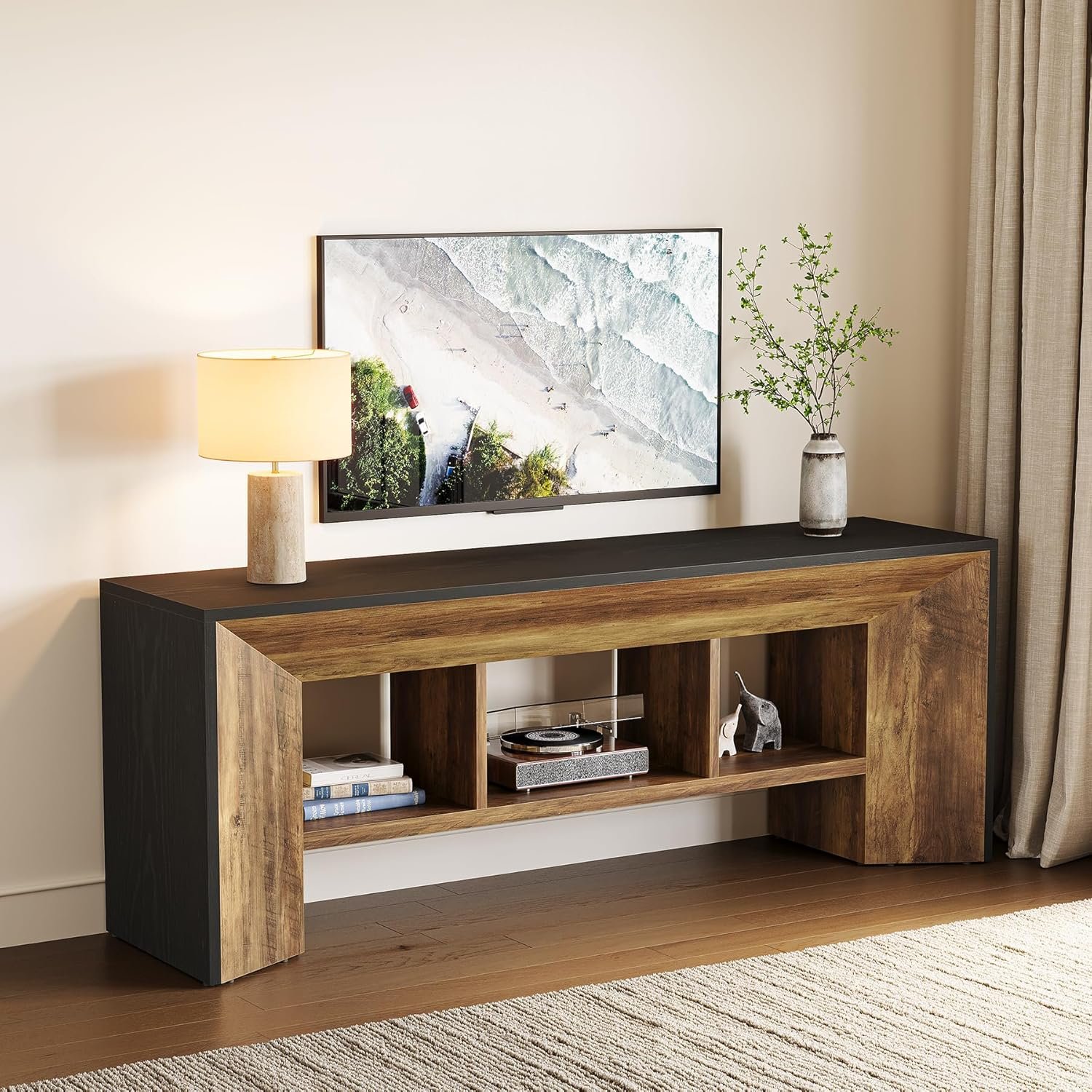 LITTLE TREE TV Stand for Up to 70 Inch TV, 63 Inches Long Entertainment Center for Living Room, Industrial Large Media Television Console Furniture with 3 Storage Cubes, Rustic Brown and Black