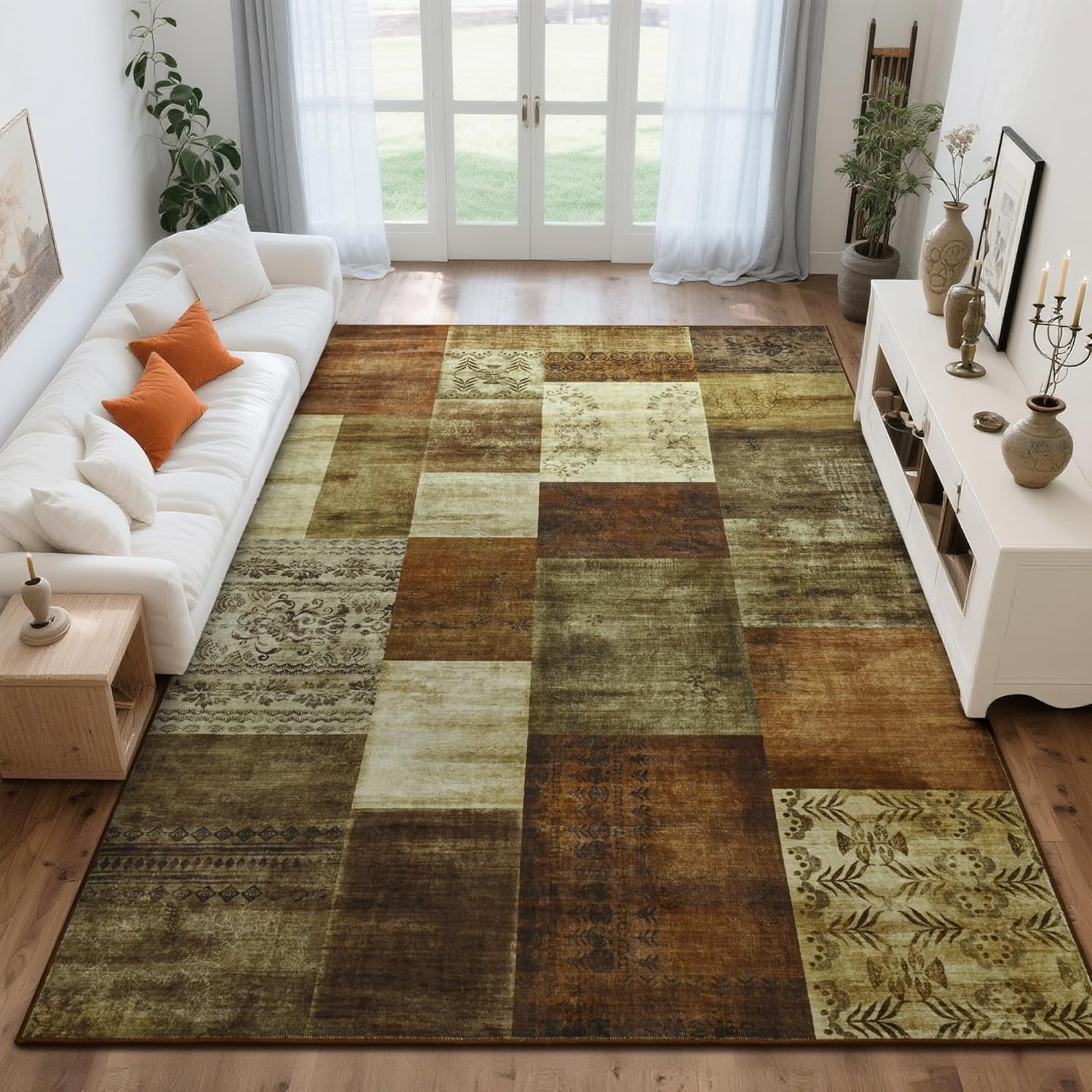 Tepook Modern Area Rug for Living Room, 6x9 Geometric Large Rugs for Bedroom, Washable Patchwork Rug Indoor Non-Slip Throw Carpets for Dining Room Office Farmhouse Home Decor, Brown