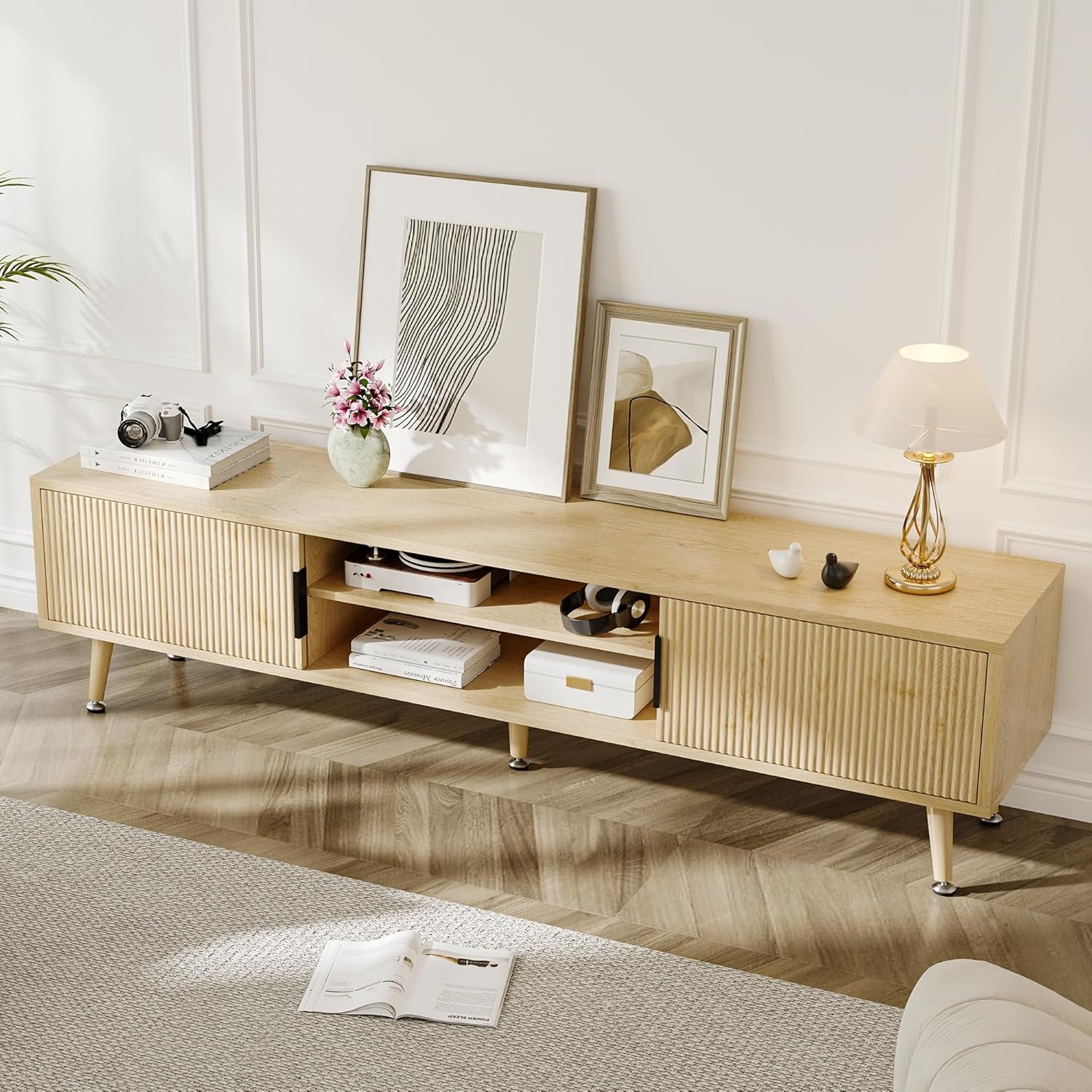 Mid Century TV Stand, Modern TV Console for TVs up to 70 Inches, Entertainment Center with Storage, TV and Media Console for Living Room Home Office, 62 Inch (Natural Oak)