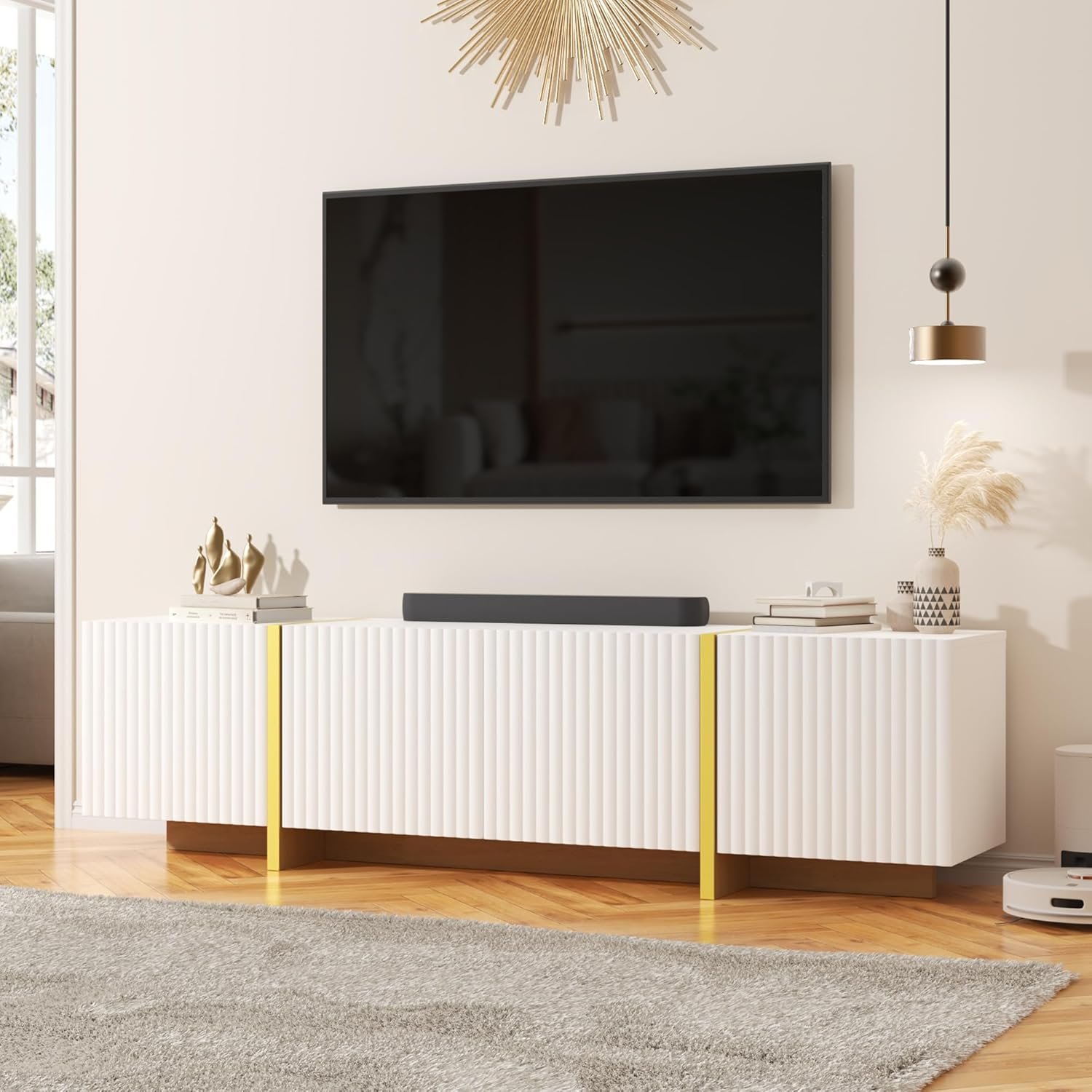 Luxury Fluted TV Stand for 65/70/75 Inch TV, Modern Chic Entertainment Center with 4 Doors, Wooden Media Console for Living Room and Bedroom, White
