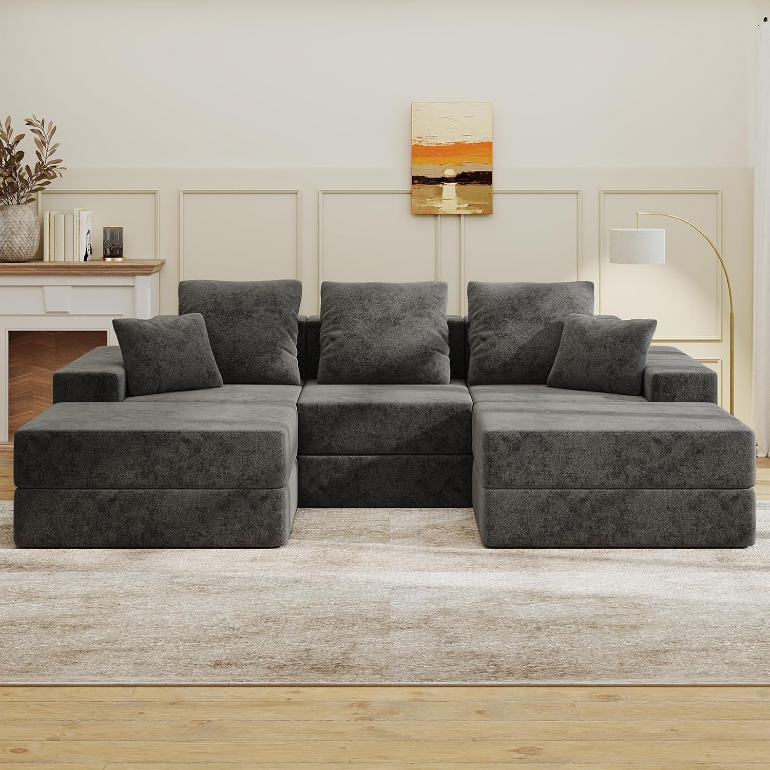 Living&Giving 101" U-Shaped Cloud Sectional Couch for Living Room, Cloud Boneless Couch-No Assembly with Reversible Chaise, Customizable 3-Seat Modular Sectional Sofa with 2 Ottoman,Dark Grey