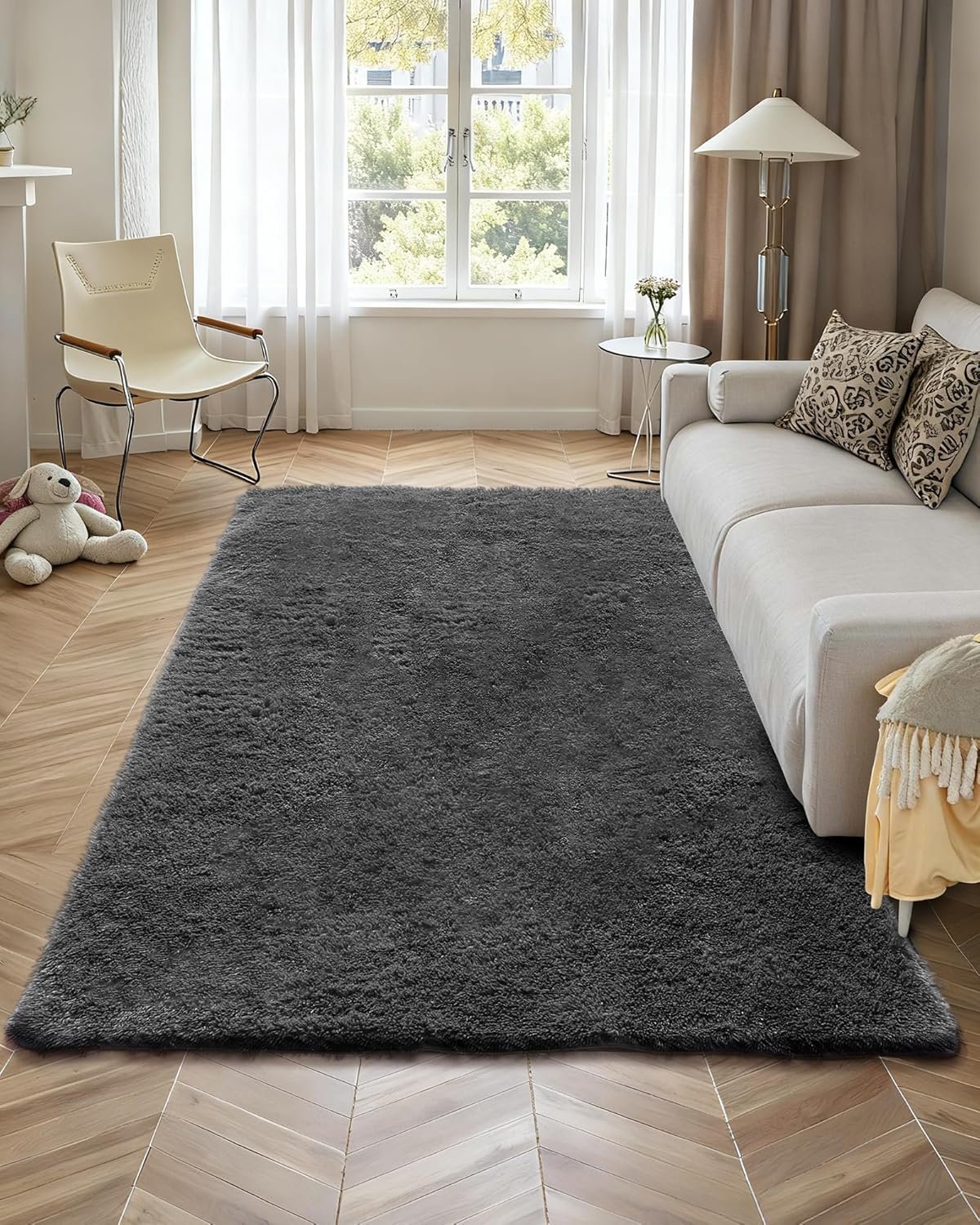 VEVOR Indoor Plush Area Rug, 5x8 ft Plush Carpet, Living Room Area Rug Fluffy with Triple-Layer Material, Grey Soft Thick Pile Shag Rugs for Bedroom Sunroom, Non-Shedding & Non-Woven, Slip-Resistant