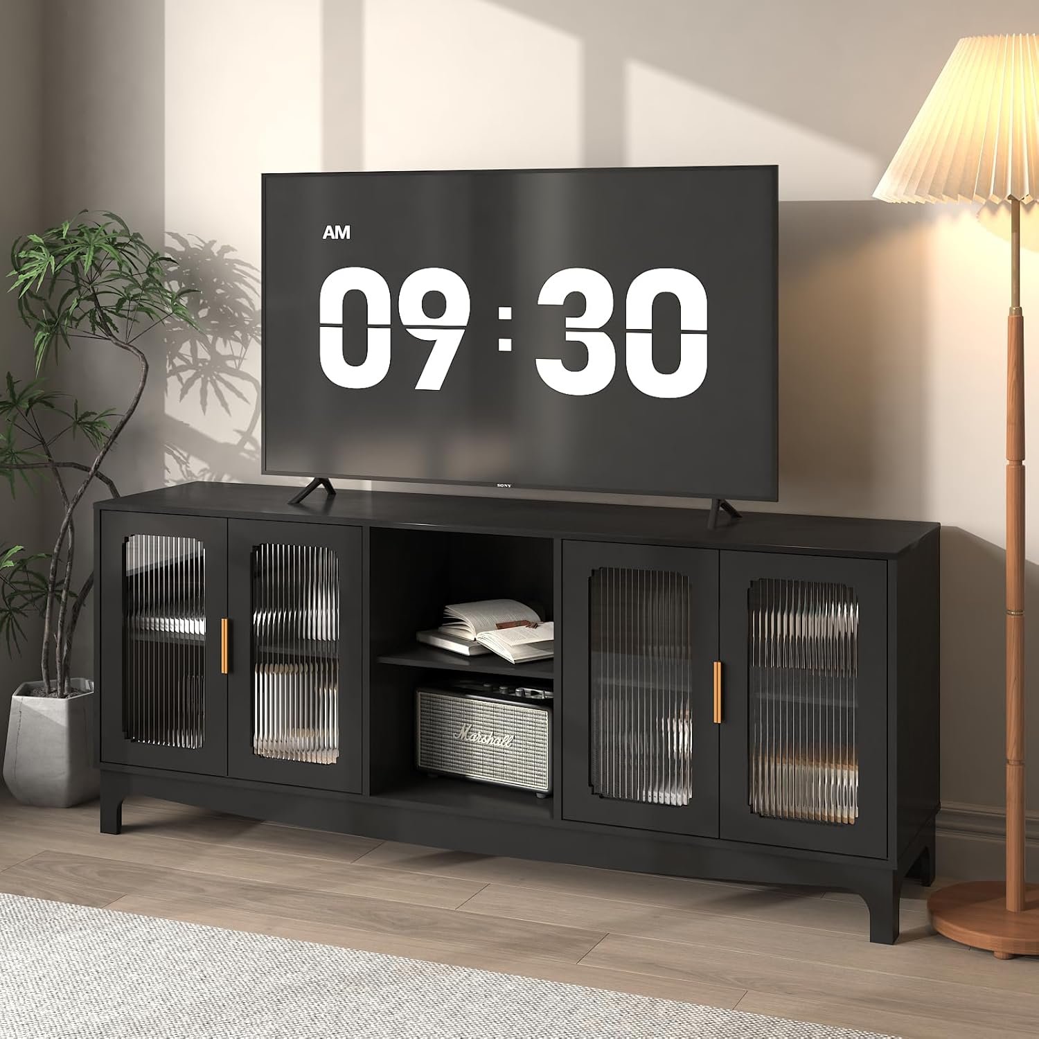 ZOSQUARE 65 Inch Black TV Stand for TVs up to 70+ inch, Mid Century Modern Glass Door TV Console Table, Entertainment Center with Storage Cabinet, Wood Media Console for Bedroom, Living Room