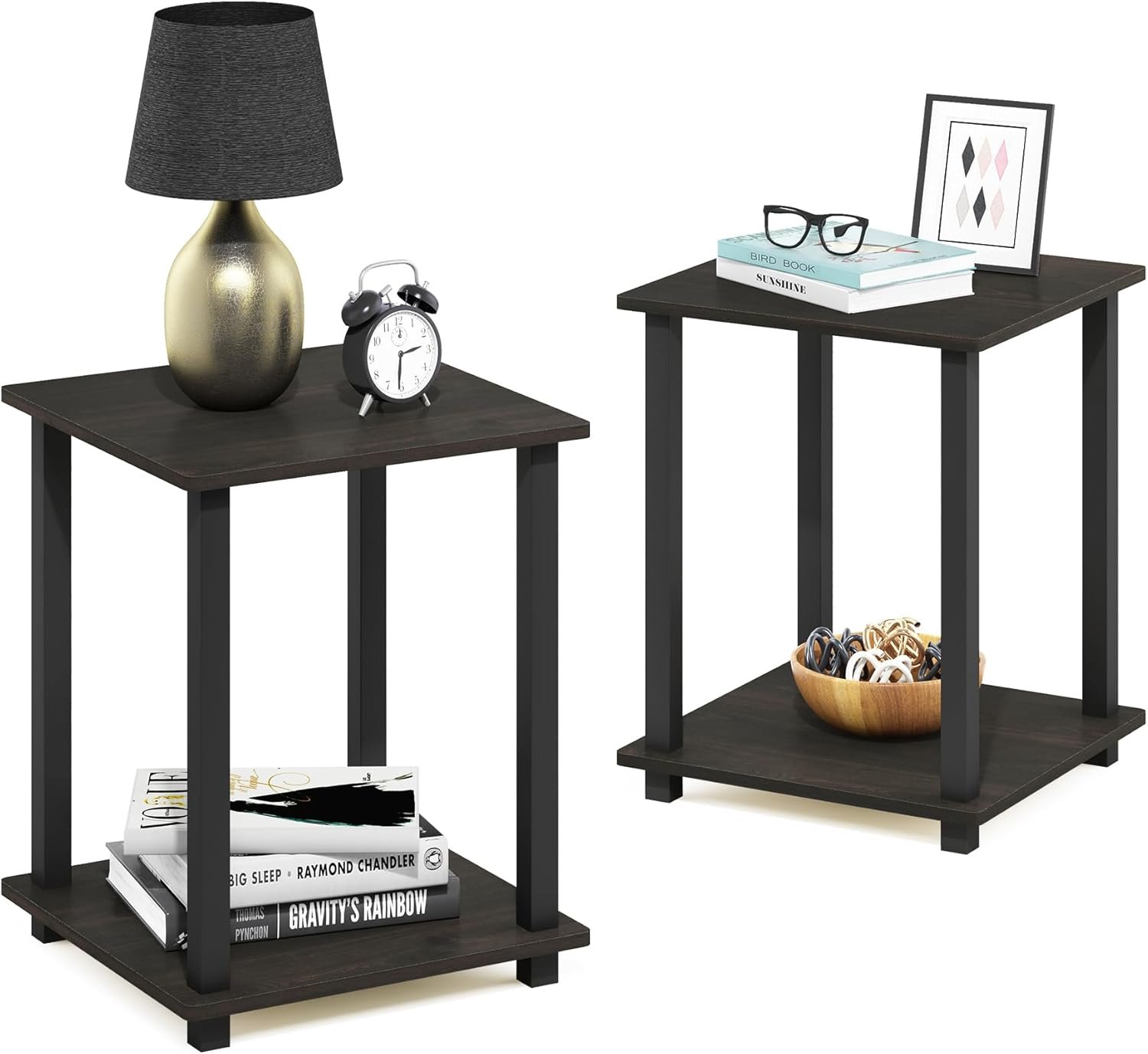 Furinno SIMPLISTIC Side Table Set of 2, 2-Tier Square Modern End Table, Nightstand, Night Stand, Bedside Table, Toolless Assembly, for Living Room, Bedroom, Espresso