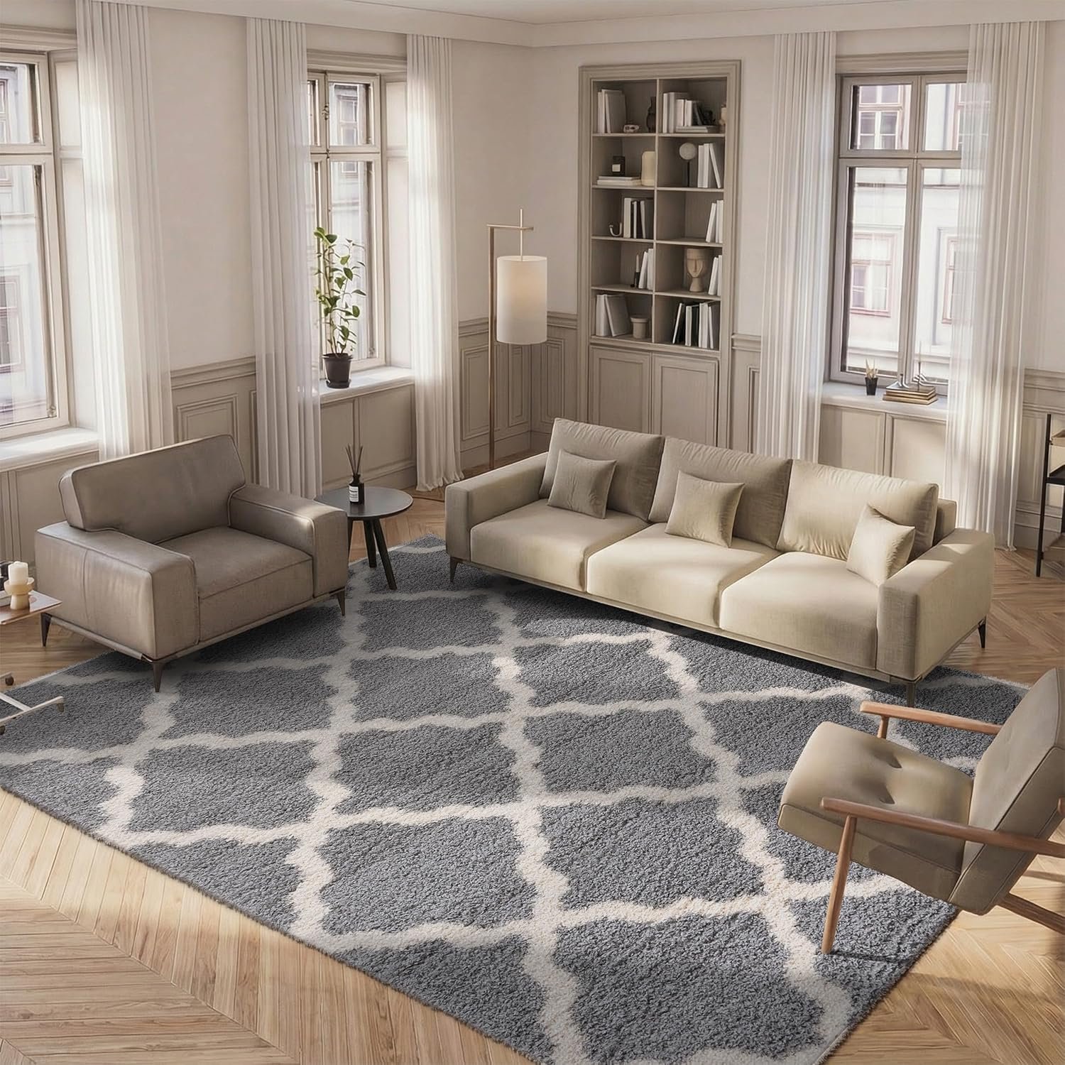 SAFAVIEH Area Rug 8x10 - Dallas Shag Collection - Large - Grey & Ivory, Trellis Pattern, Non-Shedding & Easy Cleaning, Plush Thick Pile, Ideal for Living Room, Bedroom, Dining Space (SGD257G)