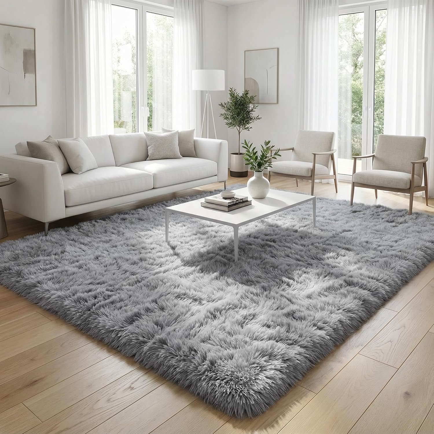 Merelax Soft Modern Indoor Large Shaggy Rug for Bedroom Livingroom Dorm Kids Room Home Decorative, Non-Slip Plush Fluffy Furry Fur Area Rugs Comfy Nursery Accent Floor Carpet 5 X 8 Feet, Grey