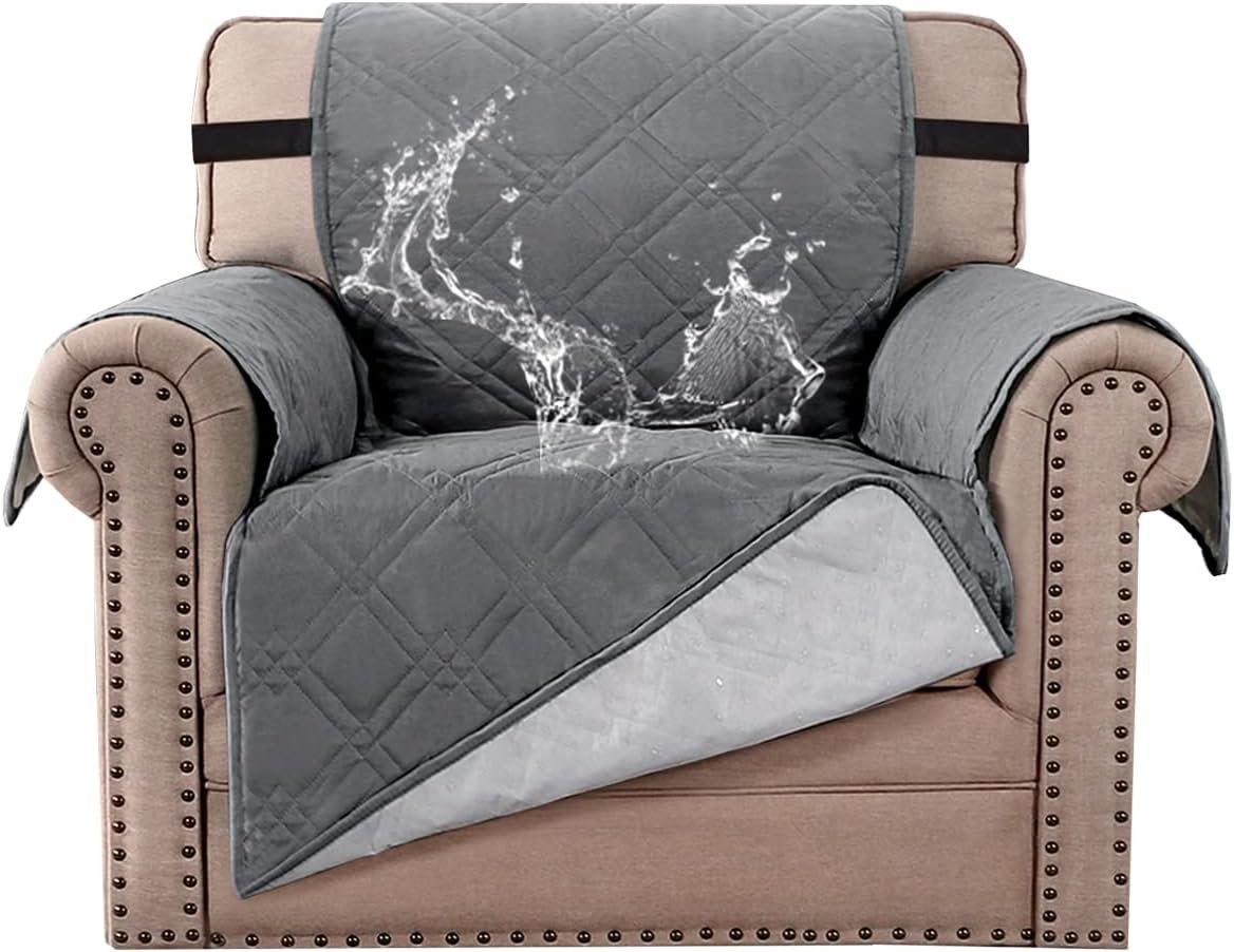 H.VERSAILTEX 100% Waterproof Sofa Slipcover Washable Armchair Cover Non-Slip Furniture Protector for Living Room Couch Cover for Pets Chair Cover with Puppy Paw Silicone Backing (Armchair, Grey)