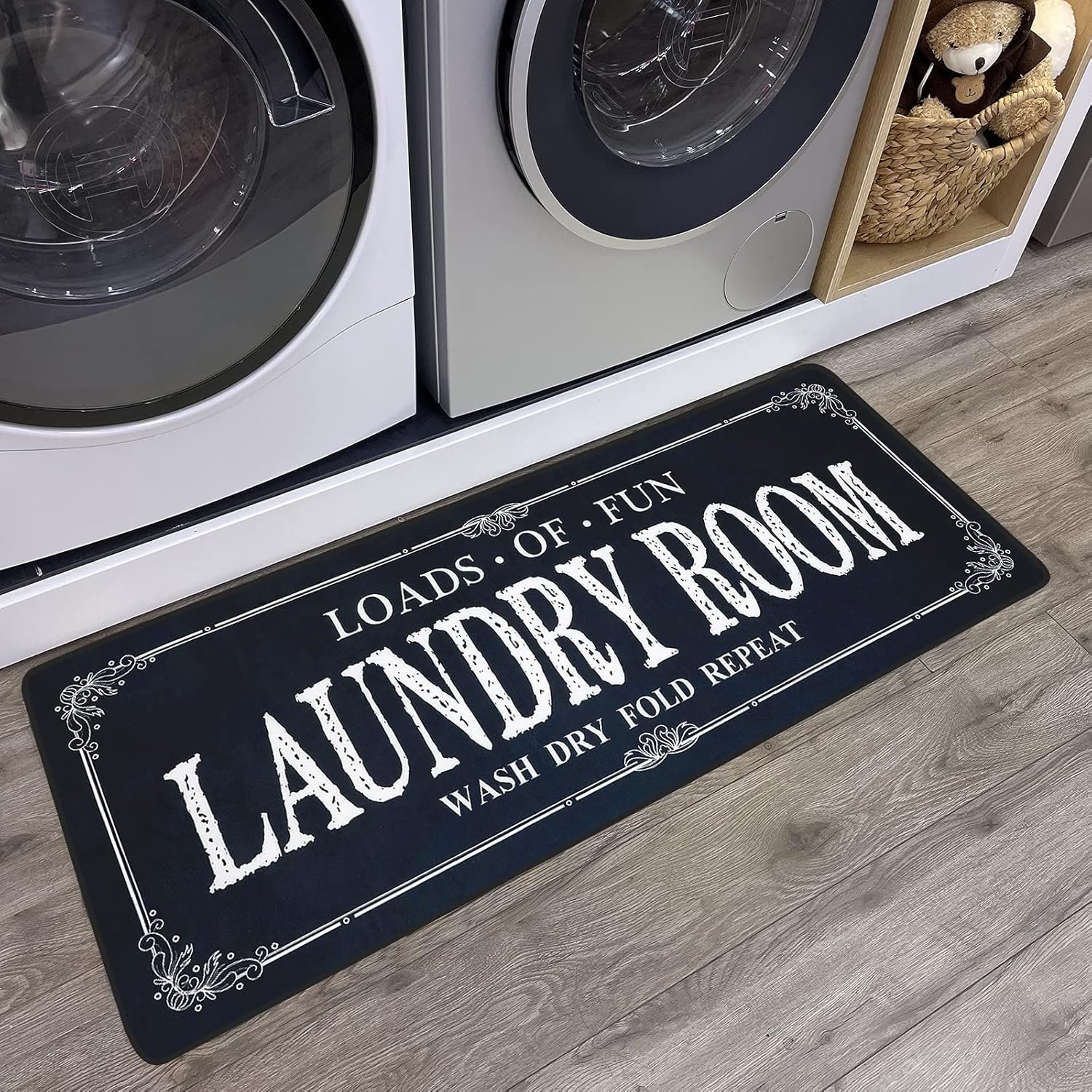 ROMAMIGO Non Slip Laundry Runner Rug - Farmhouse Kitchen Floor Mat for Mudroom and Bathroom - Black, 20 X 47 Inches