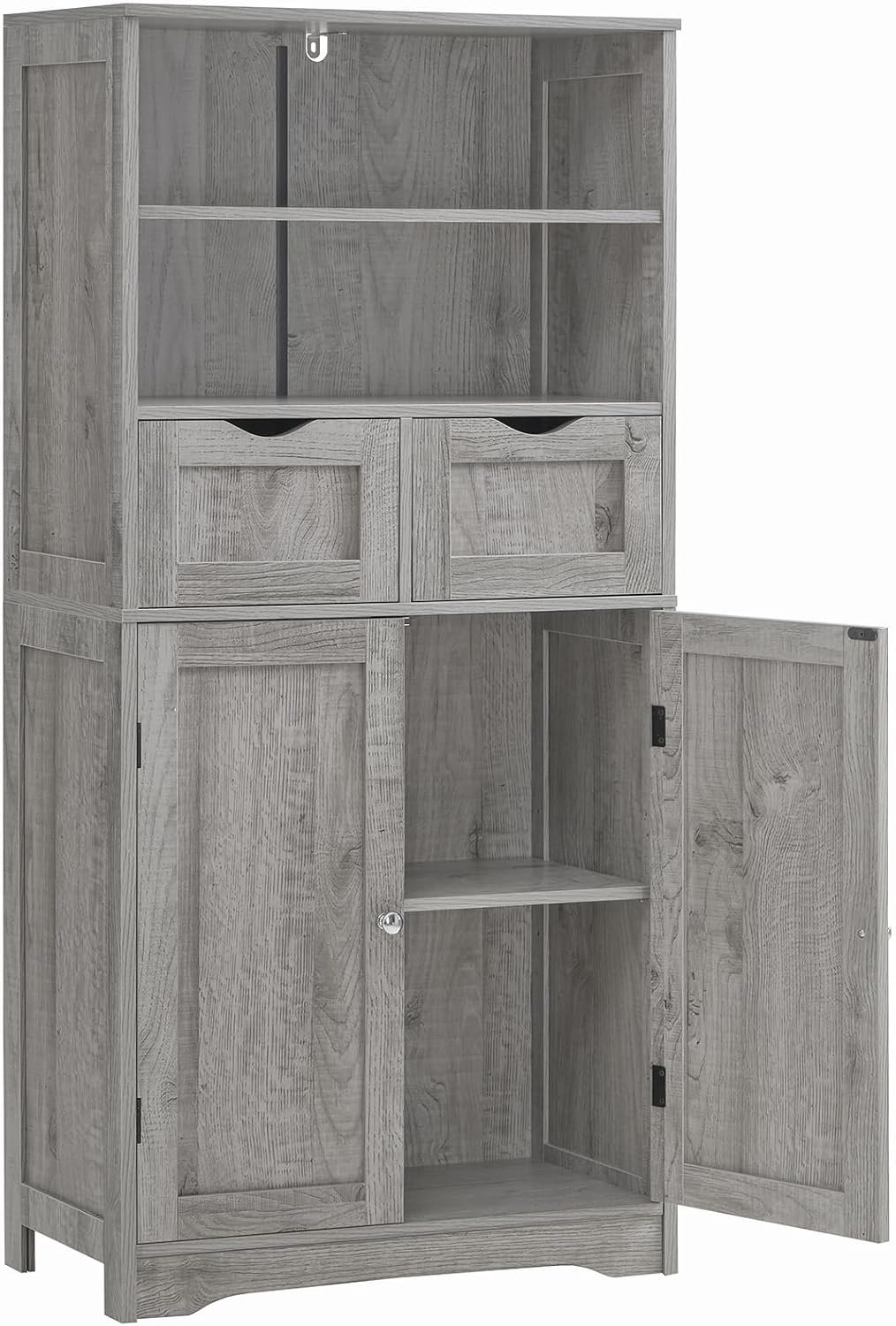 Iwell Storage Cabinet with 2 Drawers & Adjustable Shelf, Tall Bathroom Cabinet with Doors, Cupboard, Kitchen Cabinets for Living Room, Dining Room, Entryway, Grey