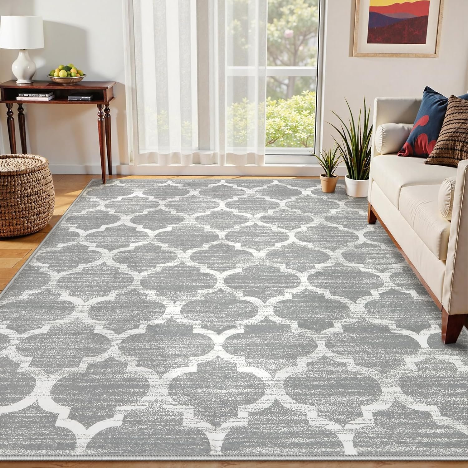 Lahome Moroccan Washable Rugs 8x10,Grey Rug for Living Room,Soft Boho Large Bedroom Rug 8x10 Under Bed Boho Dining Room Rugs for Under Table Geometric Office Room Meline
